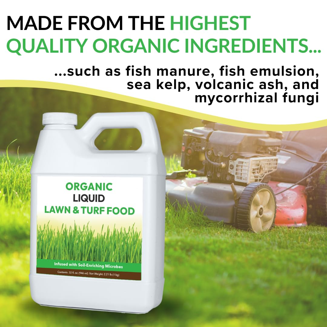 Organic Liquid Lawn & Turf Food - Quickly Rejuvenates Lawn Health and Restores Rich Green Colors to Depleted Grass | Infused with Soil Enriching Microbes (32oz - 2 Pack, Treats Up to 10,000 Sq. Feet)