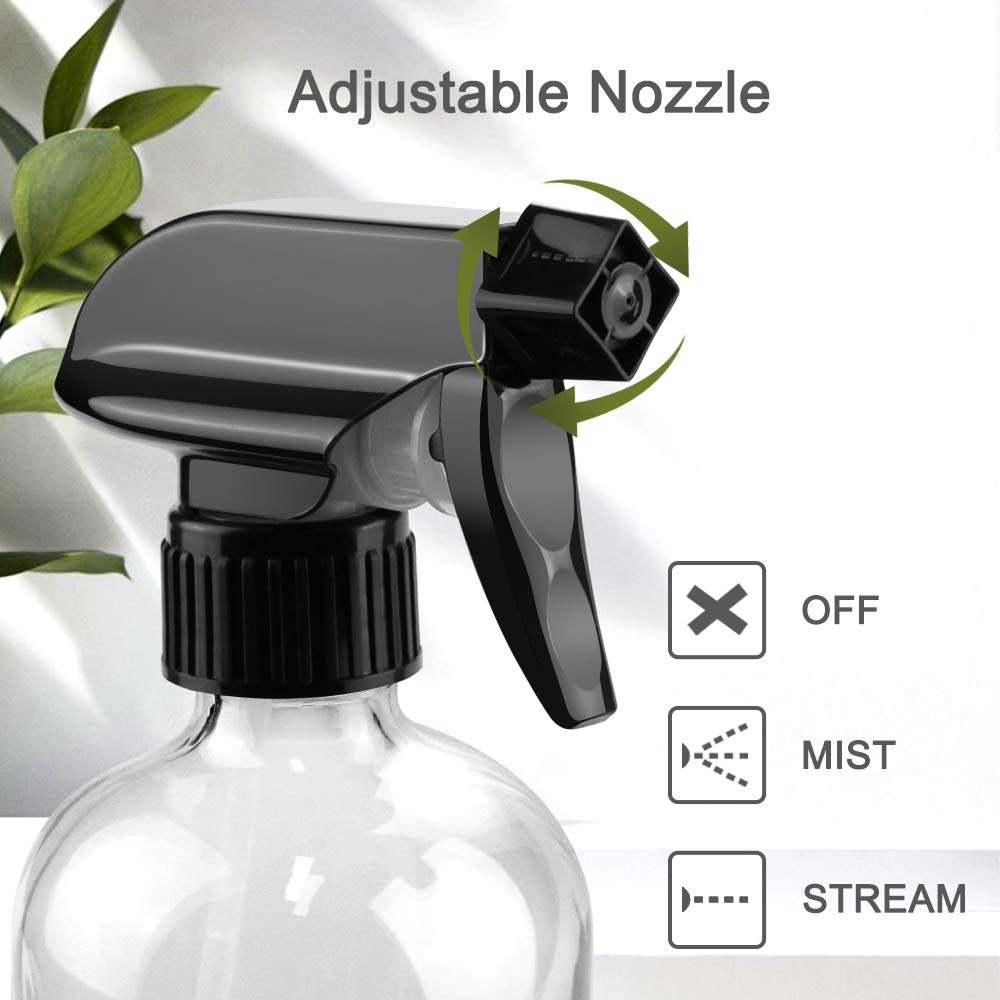 Glass Spray Bottles, 16oz Refillable Containers, Empty Boston Round Bottles with Labels & Adjustable Nozzle for Cleaning, Gardening, Aromatherapy, Pets, Plant, Hair -Clear (1 Pack)