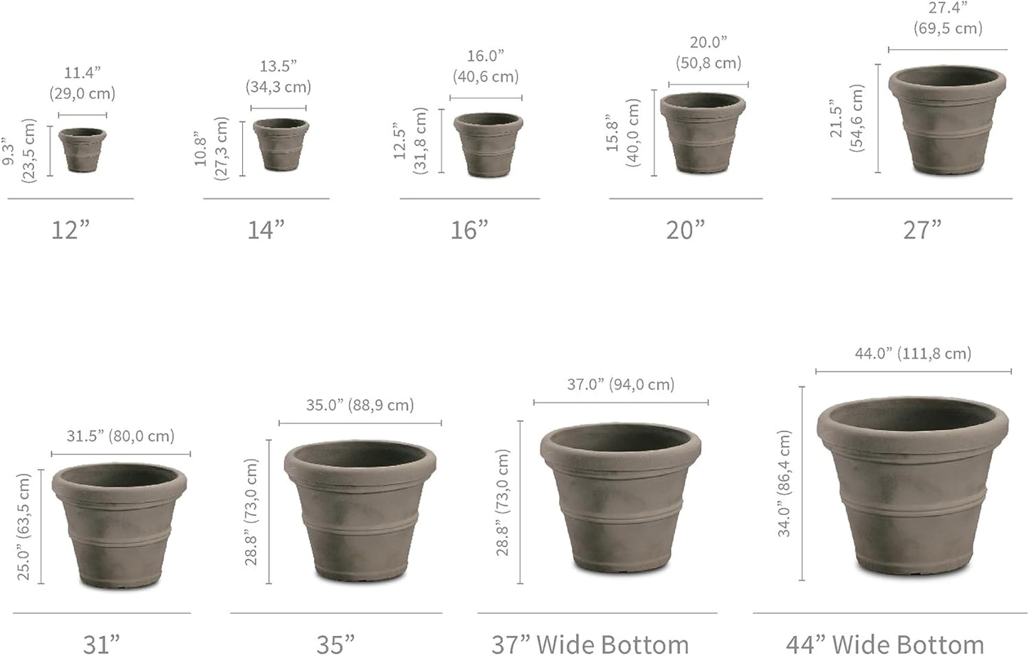 Crescent Garden Brunello Classic Rolled Rim Planter Pot, Indoor/Outdoor Weather-Safe Round Plant Pot, 12'' (Caviar Black)