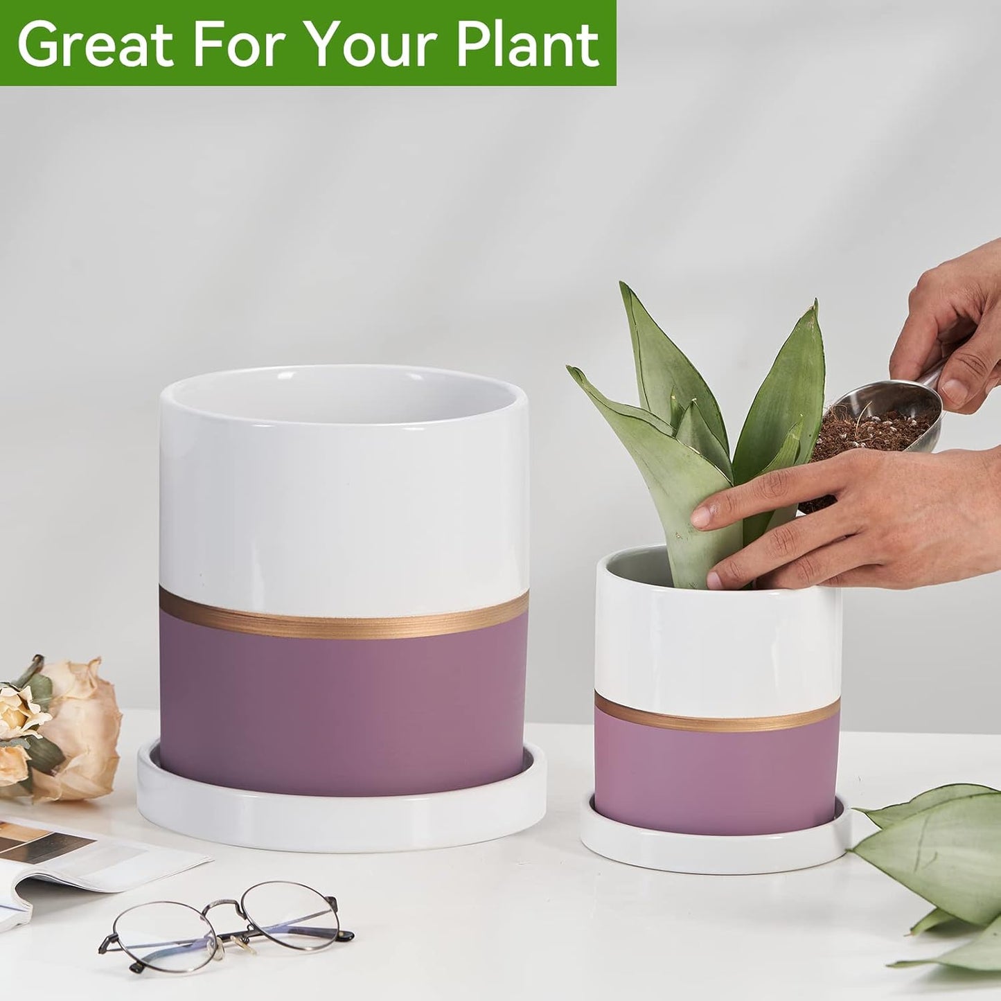 Ekirlin 4 inch Plant Pot - Ceramic Flower Planters Indoor - Modern Succulents Containers with Drain Hole Saucer, Decorate Home, Office & Outdoor (Purple)