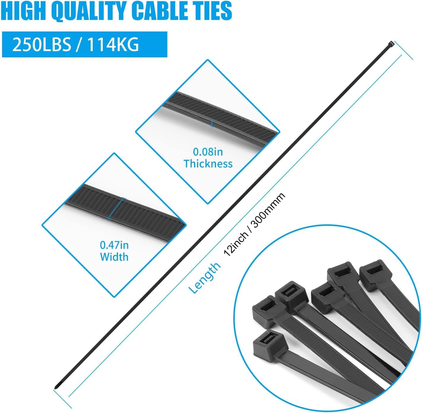 12 inch Blue Zip Ties Heavy Duty 100 PCS, 250 LBS Ultra Exclusive Strong Plastic Wire Ties, Large Cable Ties Extra Long Tie Wraps, Indoor and Outdoor UV Resistant
