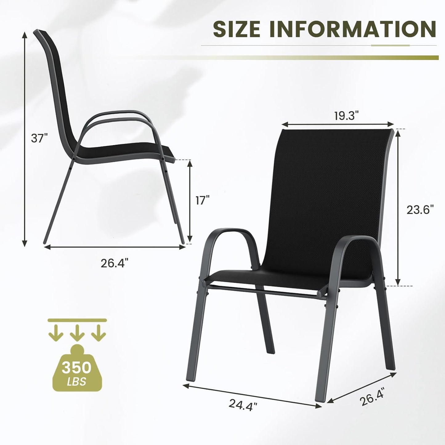 UDPATIO Patio Chairs Set of 2, Stackable Outdoor Dining Chairs with High Back, Breathable Textilene Fabric Outdoor Chair All Weather, 350LBS Capacity for Garden, Backyard (Black)