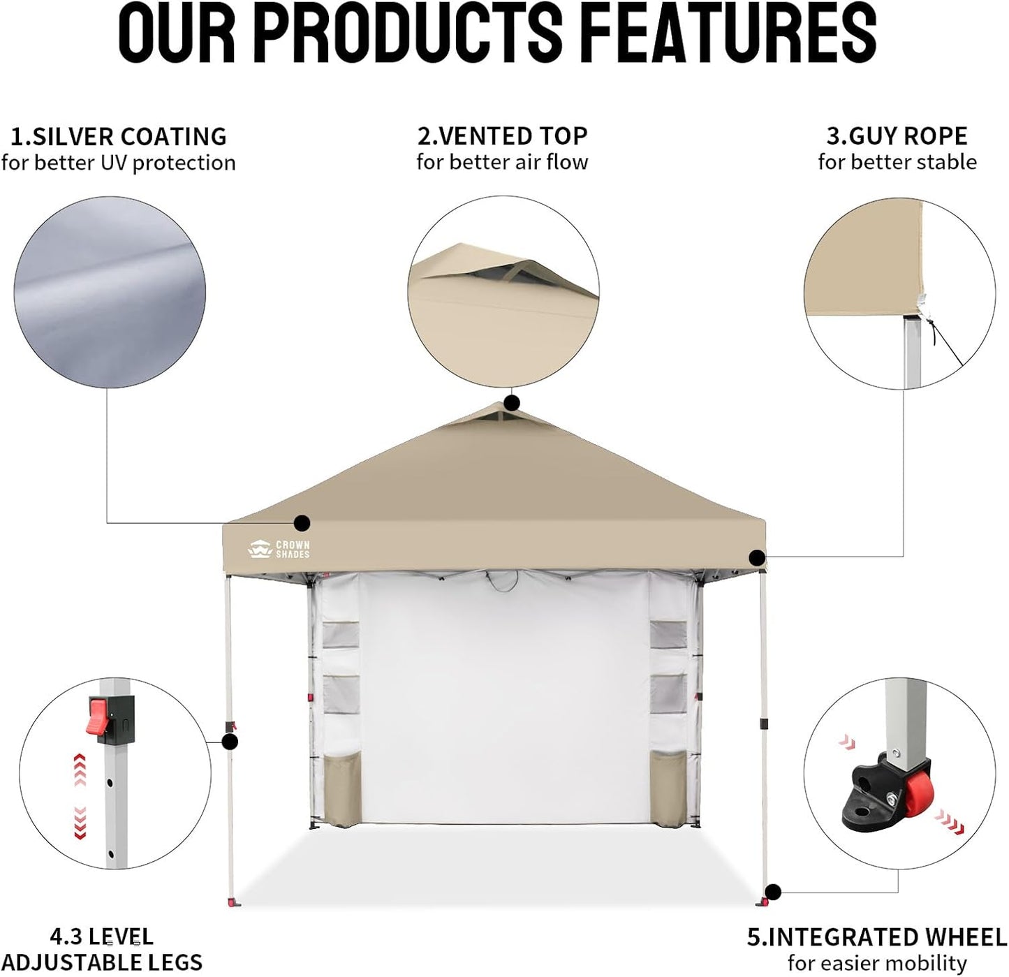 CROWN SHADES Canopy Tent 10x10 Pop Up Canopy Outdoor Shade with Pockets Sidewall, Easy Up Sun Shelter with One Person Set Up Center Lock, Portable Instant Camping Beach Canopy Tents, Beige