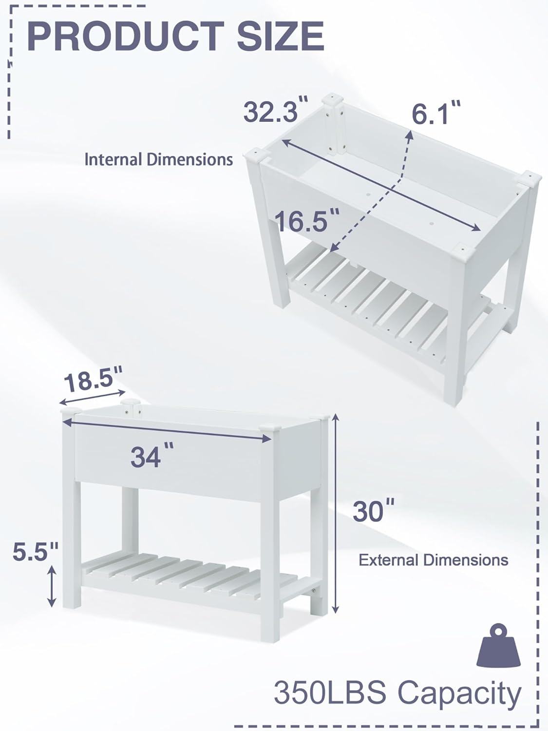 Psilvam Planter Box Raised Garden Bed, Poly Lumber Raised Garden Beds Outdoor with Storage Racks and Tarps, Superior to Cedar Elevated Garden Bed with Leg, for Balcony and Porch, 350 lbs Load (White)
