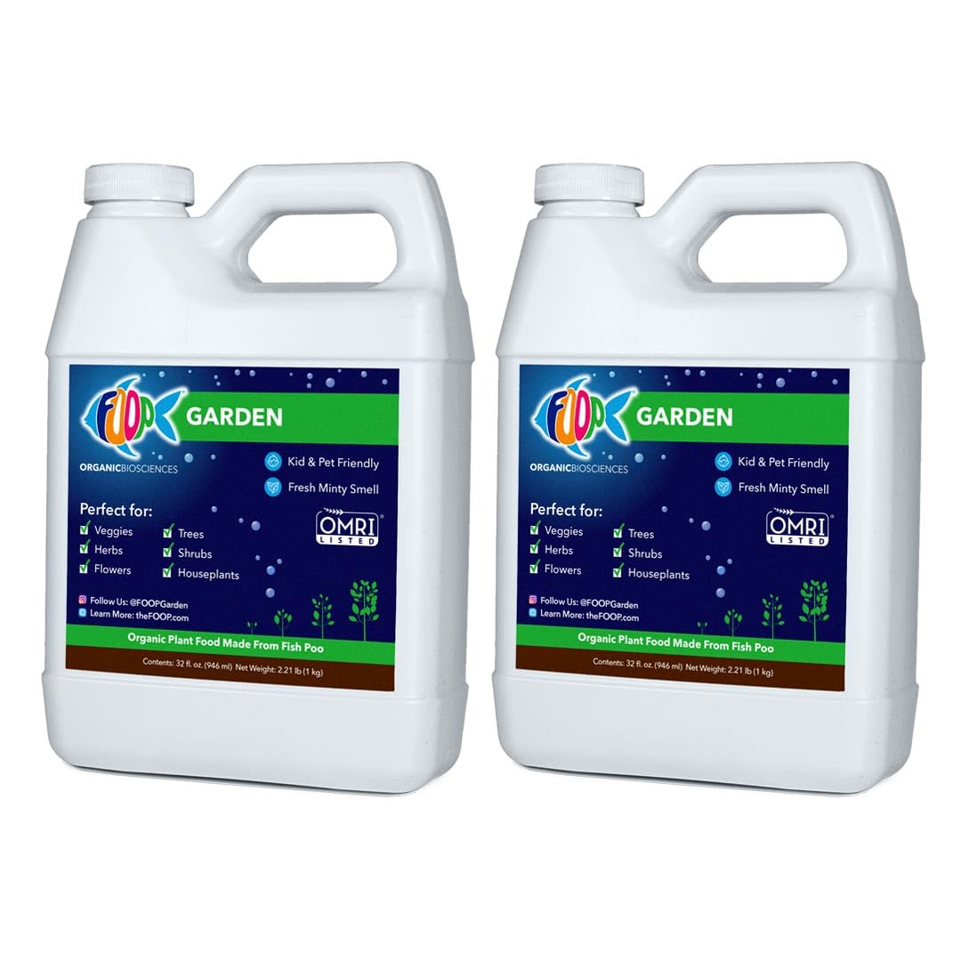 FOOP Garden - Organic Liquid Plant Food Made from Fish Manure (with Fresh Minty Scent) | Fish Fertilizer Alternative Perfect for Veggies, Herbs, Flowers,Trees,Shrubs | Kid&Pet Friendly (32oz, 2 Pack)