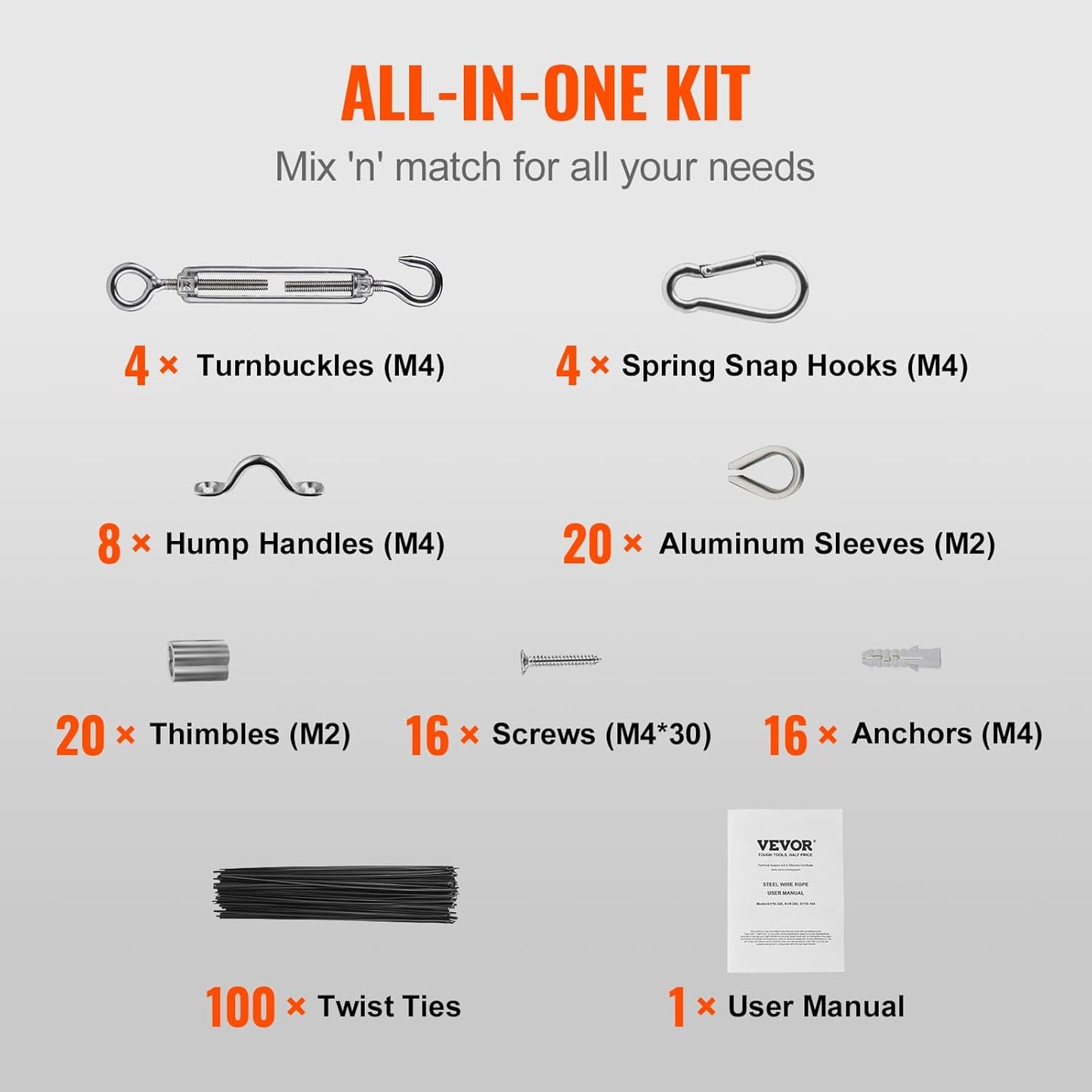 VEVOR Vinyl Coated Wire Rope Kit, 3/32 Cable Through 1/16 Diameter Stainless Steel, 7x7 Strands Construction with 189 Accessories for String Lights, Clothesline, Vine, 164 ft Black