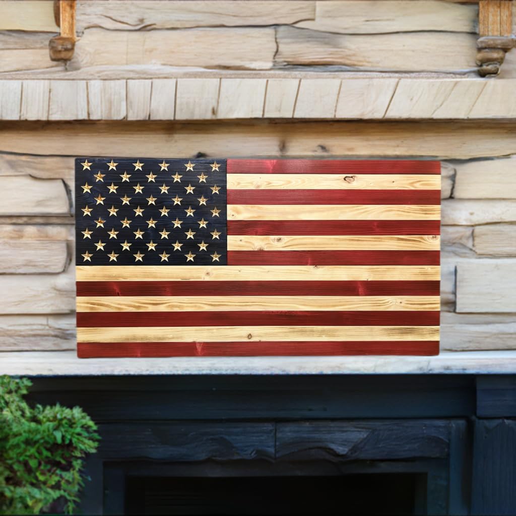 Rustic Wooden American Flag, Patriotic Wall Art (Natural Finish, 34x65)