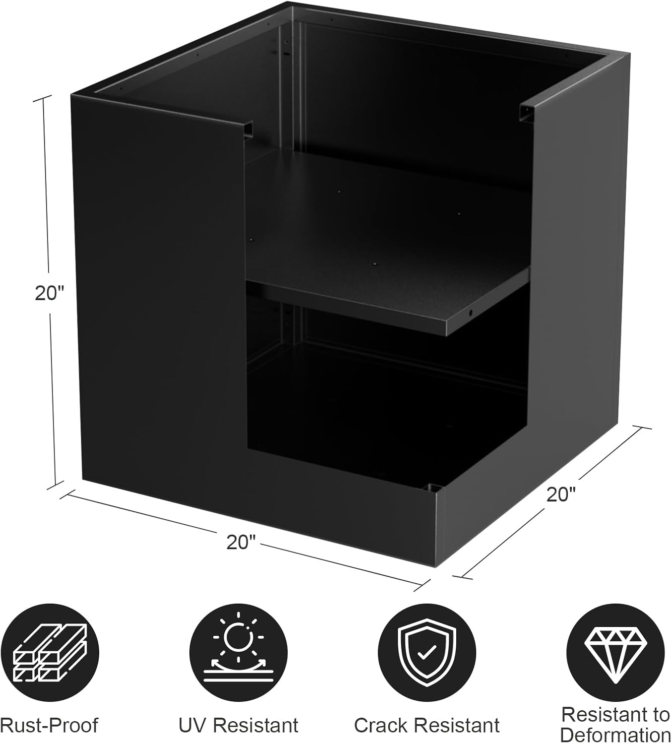 Tall Metal Planter Box for Outdoor Plants 20" L x 20" W x 20" H, Heavy Duty Steel Rectangular Planter Box with Removable Insert Shelf, Modern Décor for Outside, Indoor, Garden (Black)