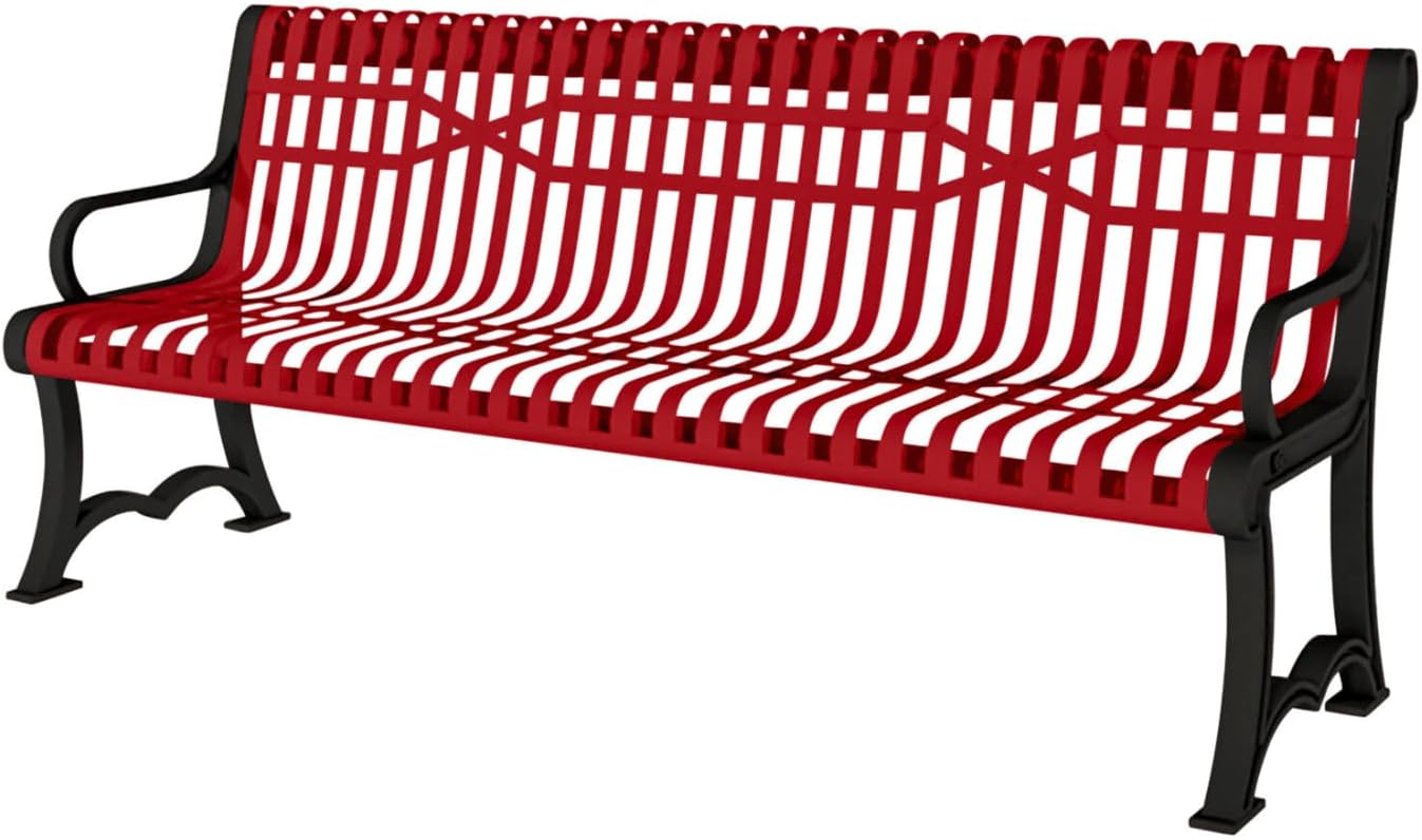 Coated Outdoor Furniture Heavy-Duty Outdoor Bench Thermoplastic Coated, Slatted Steel, Commercial-Grade Garden Bench, Made in America (Portable with Back, 4 Ft, Textured Red)