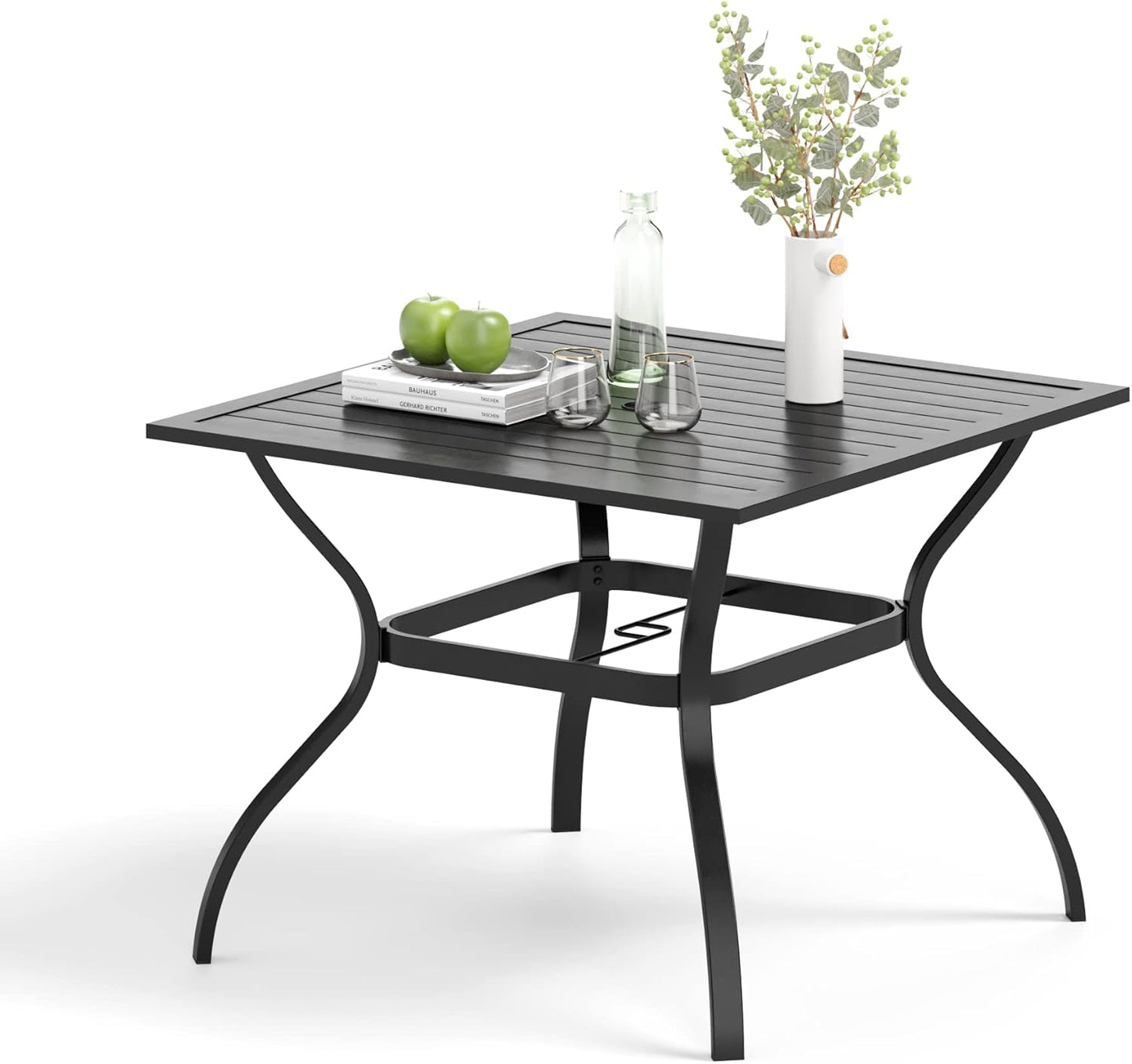 Outdoor Patio Square Dining Table, 37"x 37" Metal Slatted Tabletop with Adjustable Umbrella Hole for Deck Lawn Garden Backyard, Black