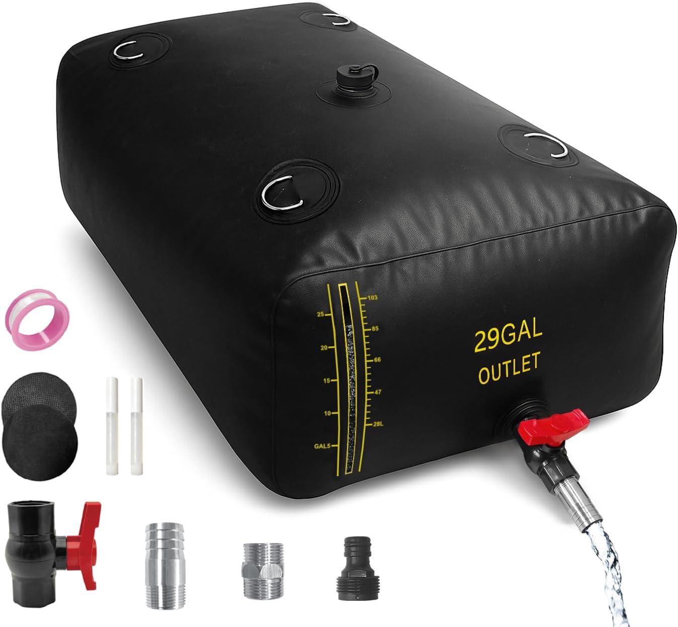 110L/29 Gal Water Bladder with Water Level Indicator, PVC Foldable and Portable Water Tank with 3 Connectors and Overflow Kit, Ideal for RV, Camping, Rainwater Collecting,Planting Watering