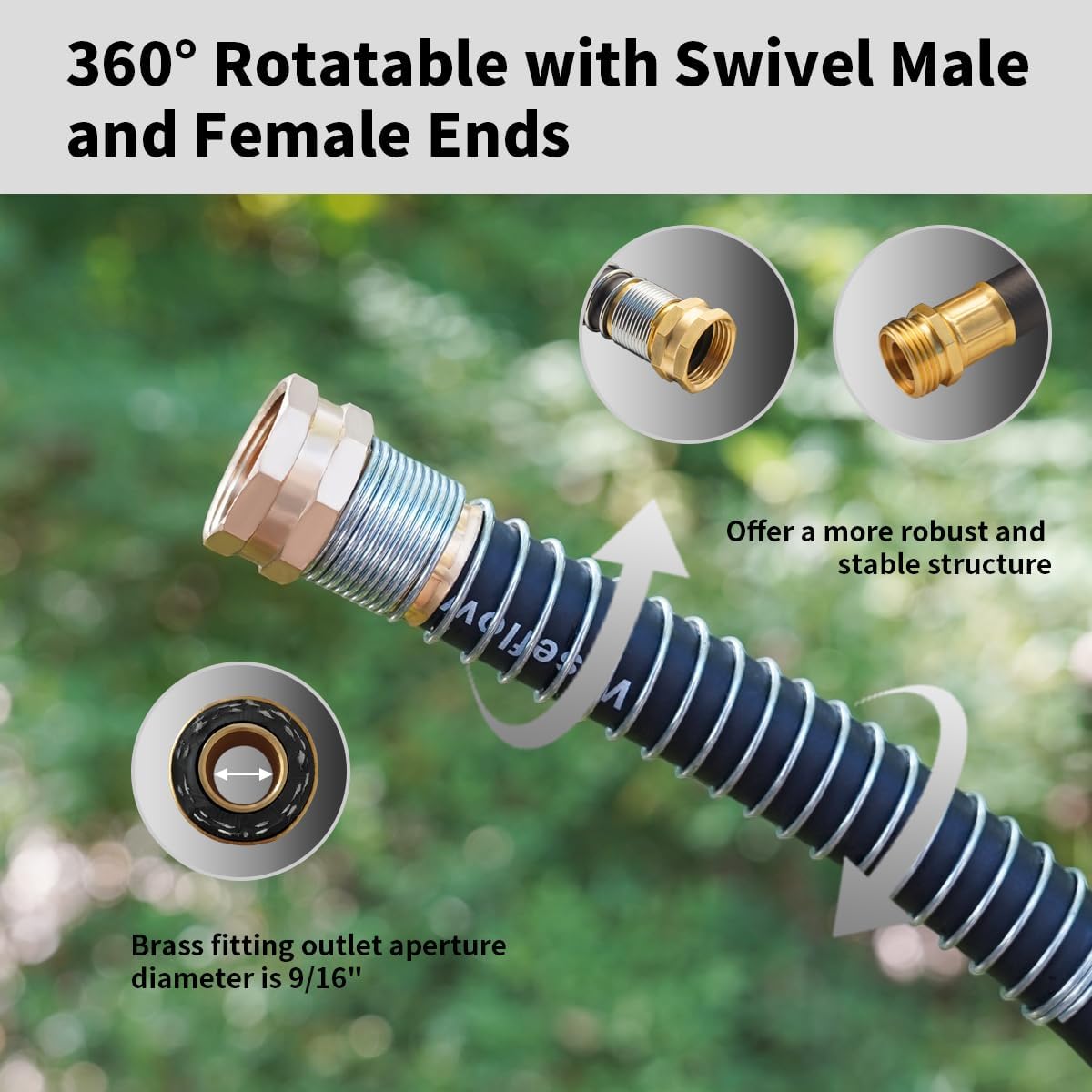 WiseFlow Garden Hose 50FT x 3/4", Heavy Duty Rubber Hose, 1000PSI Burst, 300PSI Working, Water Hose with Five Layered Braiding, Male Female Fittings (Black)