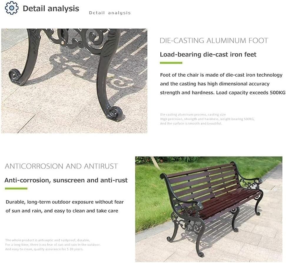 Outdoor Solid Wood Garden Park Bench for 2-3 People, Weatherproof Patio Lawn Bench Porch Seat with Cast Iron Frame, Porch/Deck/Patio Furniture Bench with Backrest and Armrests(Brown+Antique Green Legs