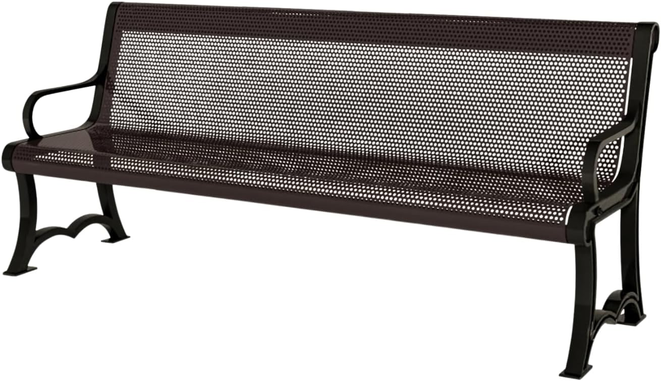 Coated Outdoor Furniture Heavy-Duty Outdoor Bench Thermoplastic Coated, Punched Steel, Commercial-Grade Garden Bench, Made in America (Portable with Back, 4 Ft, Brown)