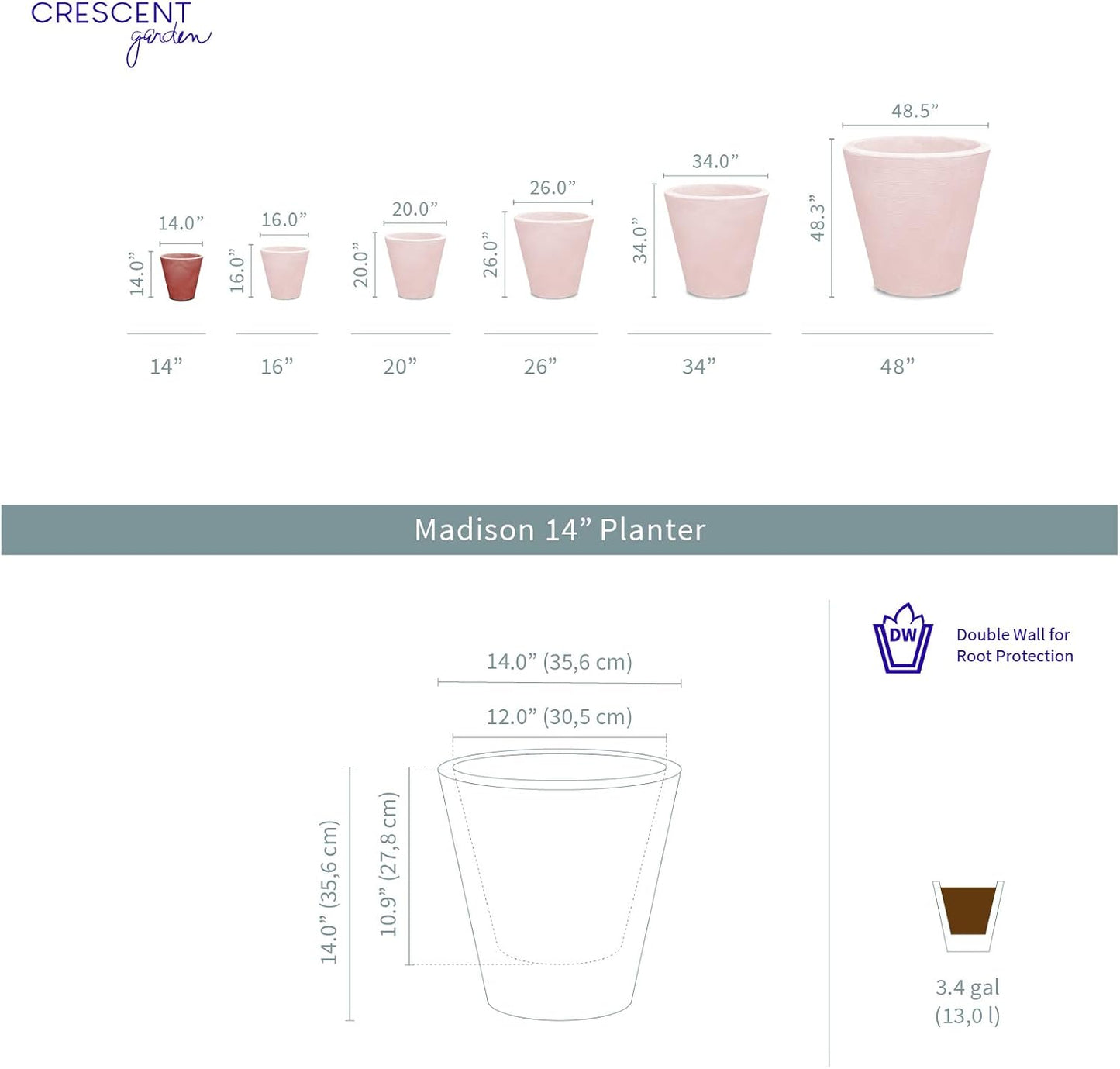 Crescent Garden Madison Planter– Weather-Resistant, Double Walled Indoor/Outdoor Plant Pot with Drain Hole – Durable All-Season Flower Container, 14" W (Cloud White)