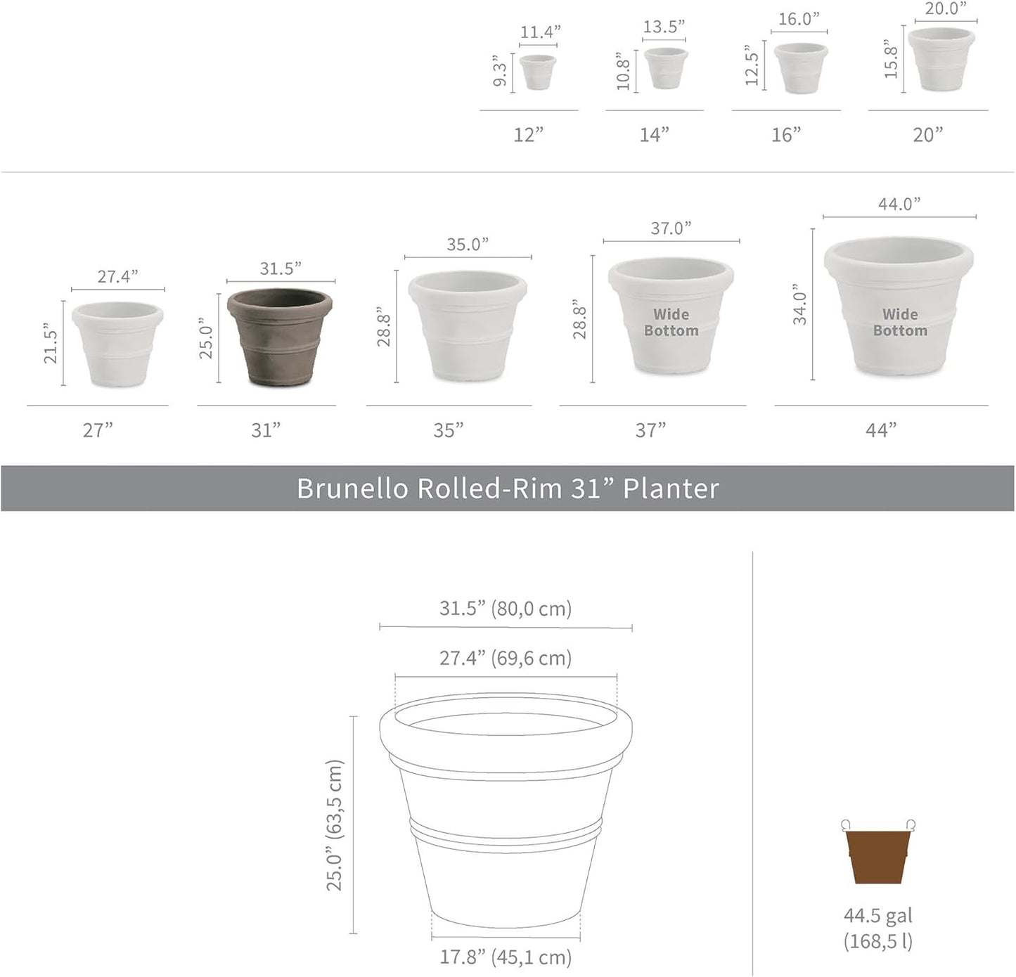 Crescent Garden Brunello Planter, Classic Rolled-Rim Plant Pot, 31-Inch (Parchment)