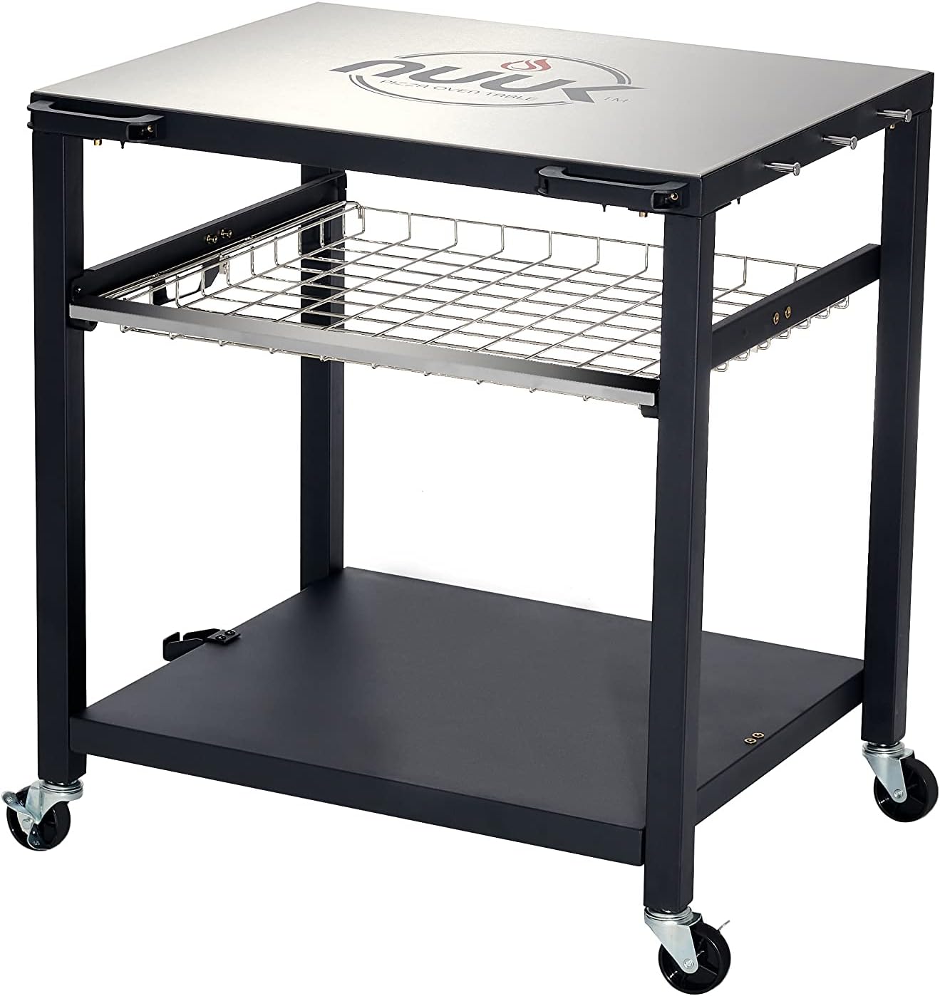 NUUK Double-Shelf Movable Outdoor Pizza Oven Table, 24" x 30" Stainless Steel Commercial Multifunctional Food Prep Worktable with Drawer on Wheels