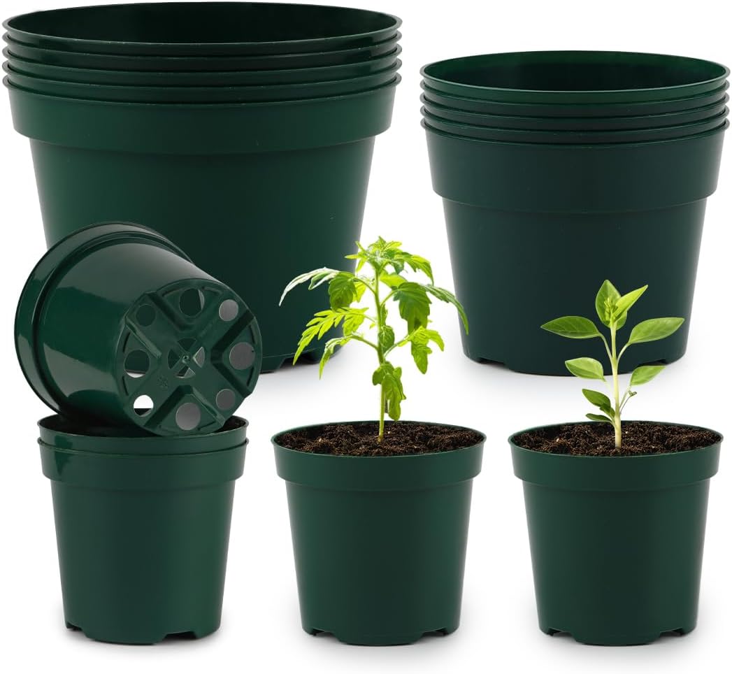 15 Pack 4/6/8 Inch Plant Nursery Pots, Thickened Plastic Pots for Plants with Drainage Holes, Sturdy Seedling Pots, Seed Starting Pot, Flower Pots for Indoor Outdoor Plants, Green