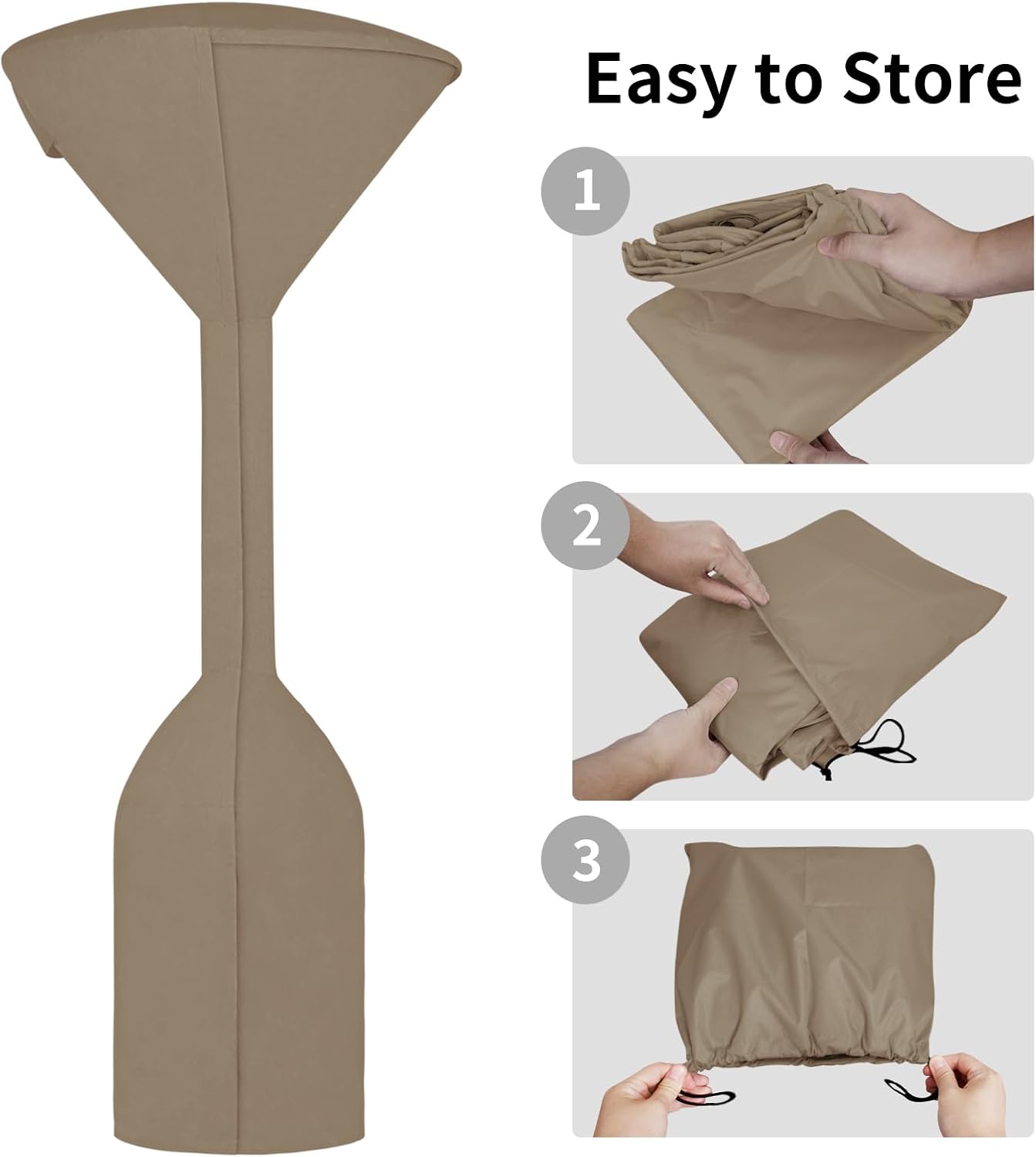 Easy-Going Stand-Up Patio Heater Cover with Zipper and Storage Bag, Waterproof Outdoor Heater Cover Dustproof, UV-Resisant, Wind-Resistant (95" H x 34" D x 19" B, Camel)
