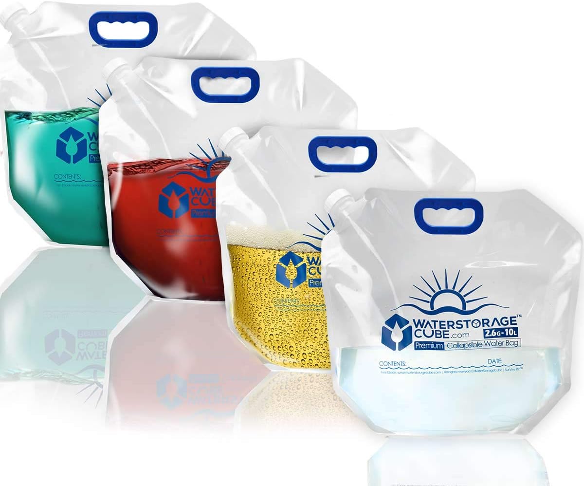 WaterStorageCube Premium Collapsible Water Container Bag, BPA Free Food Grade Clear Plastic Storage Jug for Camping Hiking Backpack Emergency, No-Leak Freezable Foldable Water Bottle 1.3/2.6 Gallon