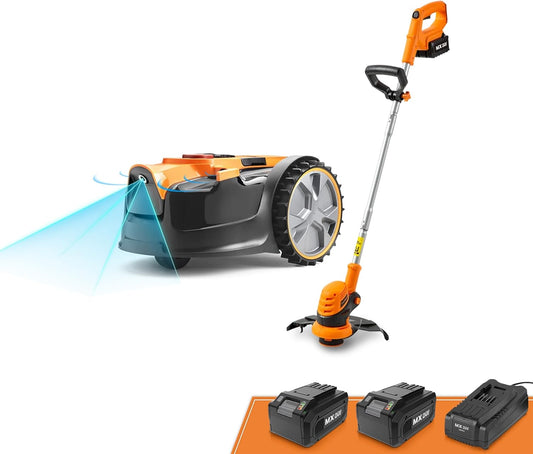 LawnMaster OcuMow™ Robot Lawn Mower with Cordless 24V MAX 10” Grass Trimmer Combo Kit Perimeter Wire Free for Small Yards 2000-4000 Square Feet Optical Navigation Automatic Obstacle Avoidance Spot Cut