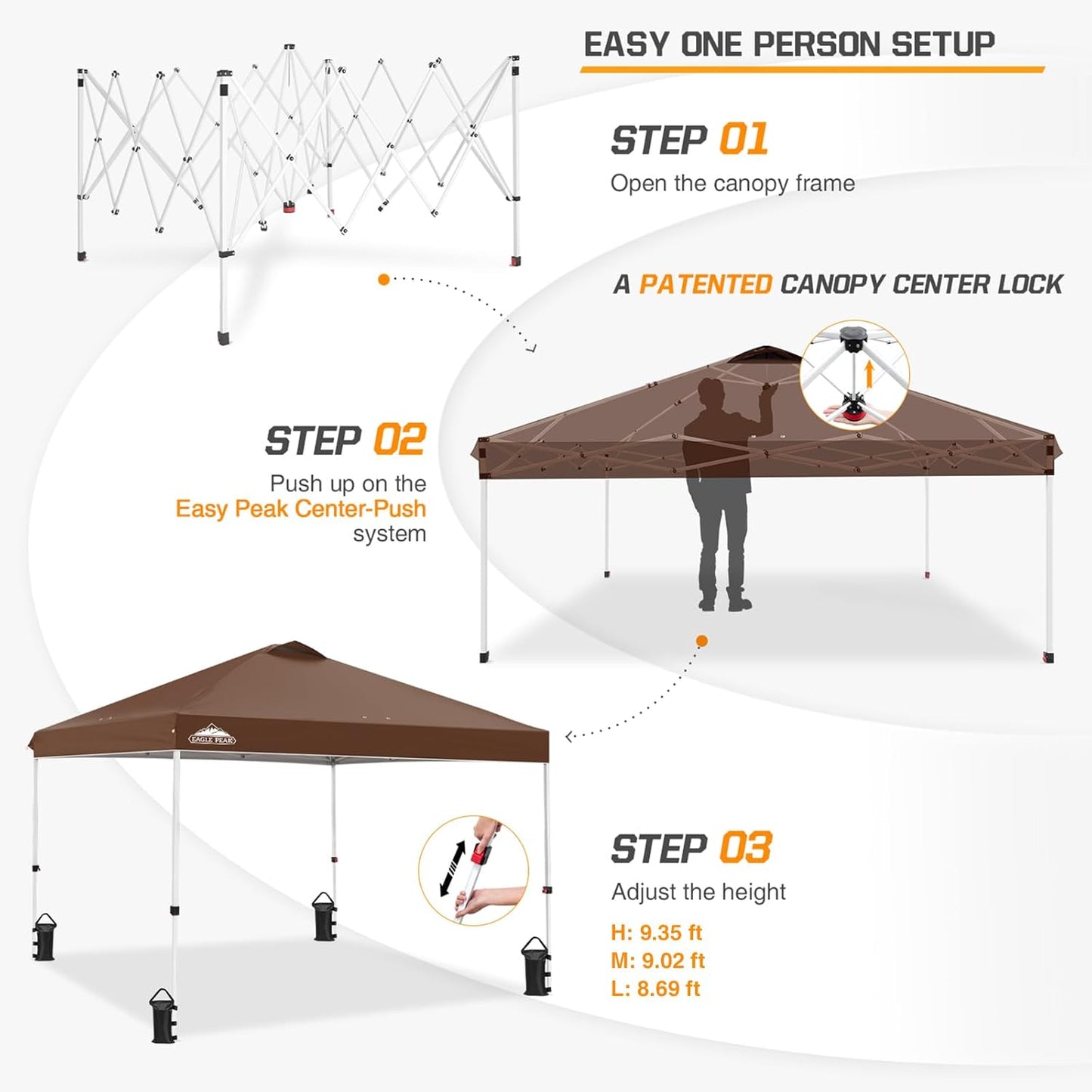 EAGLE PEAK Pop Up Canopy Tent with Wheeled Carry Bag, 8 Stakes, 4 Ropes, 4 Weight Bags, Easy Set Up Tent Canopy, 10x10 ft, 100sqft of Shade, Dark Brown