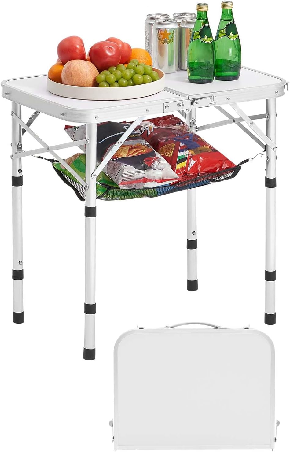 VEVOR Folding Camping Table, Portable Roll Up Side Tables, Lightweight Aluminum Beach Table with Adjustable Height, for Outdoor BBQ Tailgating Picnic, Travel (24 inch-Silver)