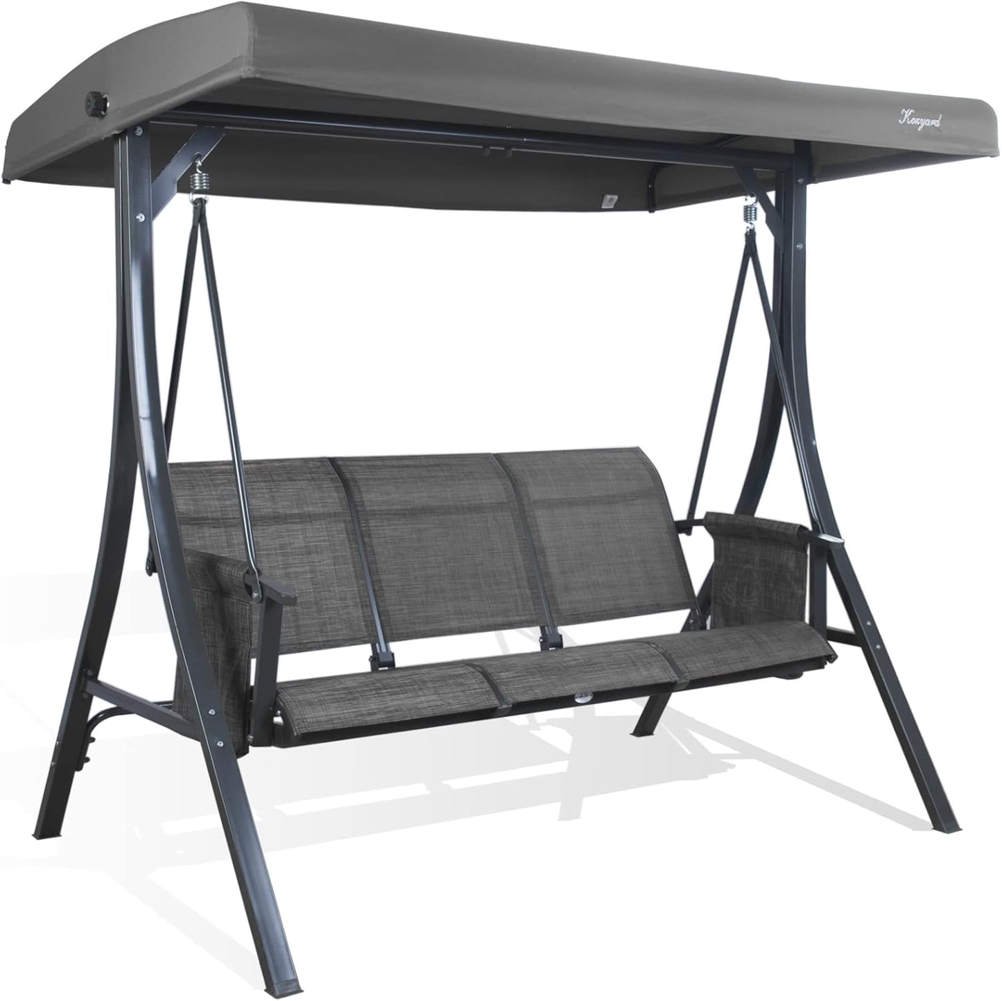 Kozyard Brenda 3-Seat Patio Swing Chair, Outdoor Porch Swing Glider with Adjustable Canopy, Side Pouches, Breathable Seat and Back, for Garden, Poolside, Backyard (Gray)
