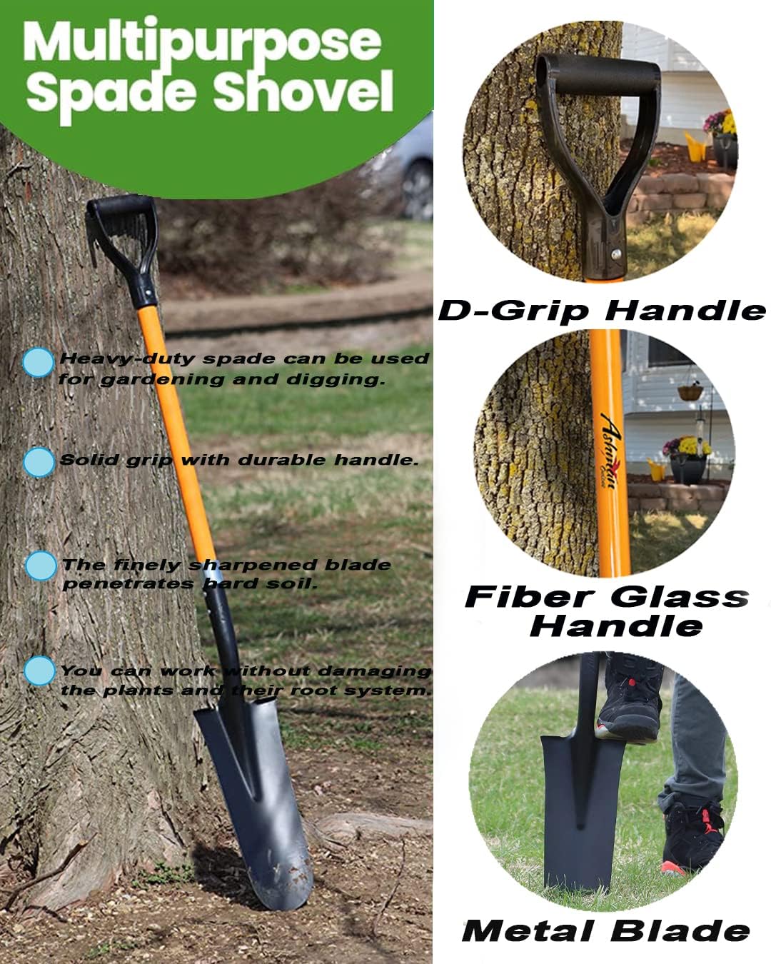 Ashman Drain Spade Shovel (1 Pack) - 48 Inches Long Handle Spade with D Handle Grip - Durable Handle with a Thick Metal Blade - Multipurpose Premium Quality Orange Shovel.