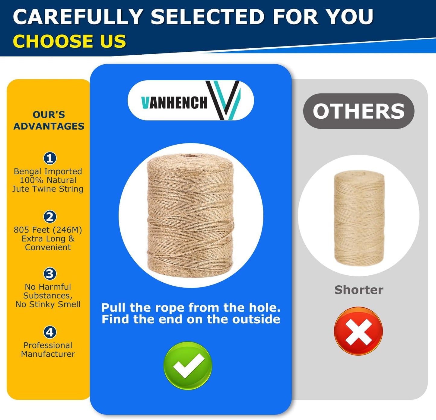 Vanhench 805FT Natural Jute Twine String, Bulk Hemp Jute Rope Cord Twine for Crafts Gardening, Gift Wrapping, Wedding Décor, Packing Material Burlap Ribbon, Christmas Knitting Macrame Decoration
