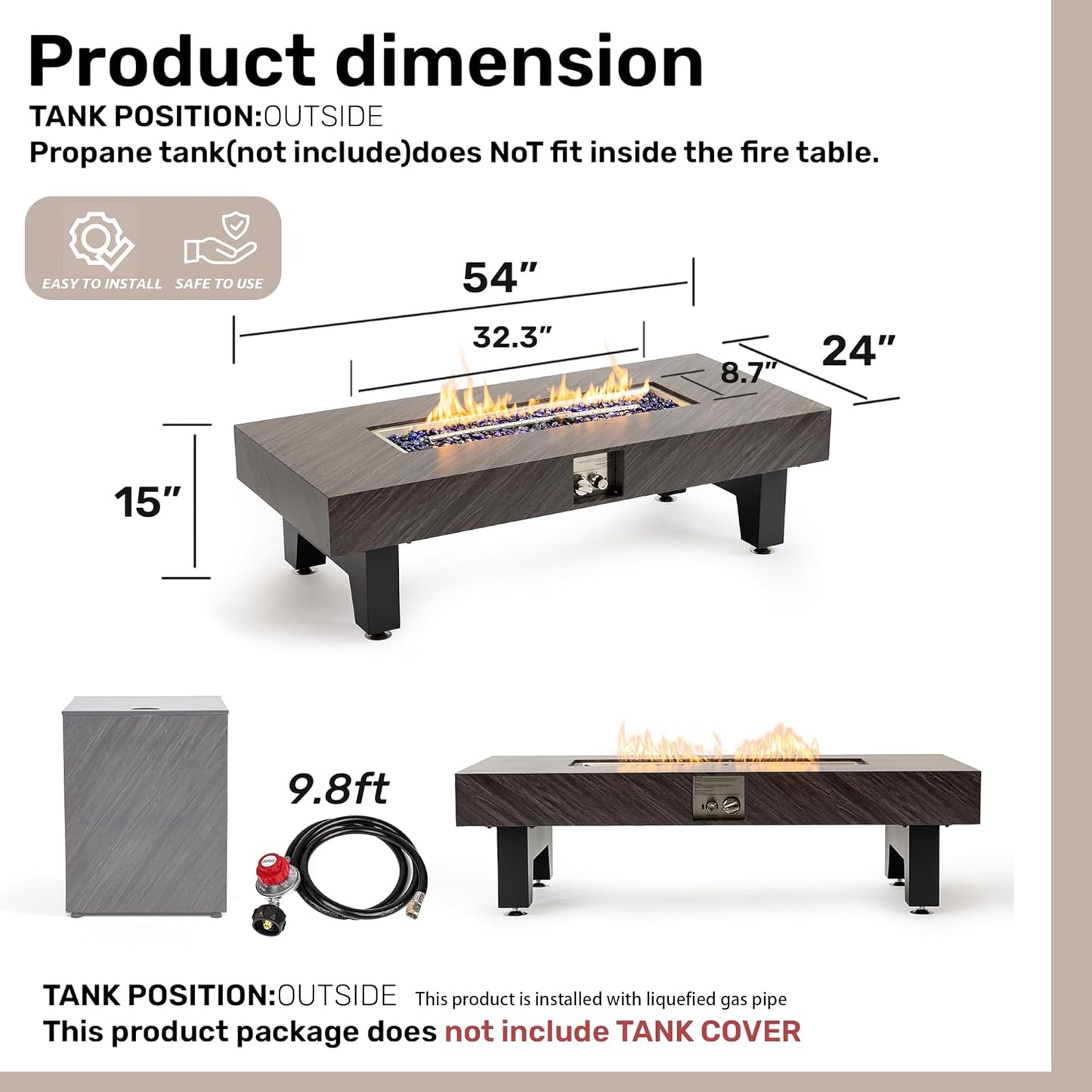 54”Propane Fire Pit,Outdoor Gas Fire Pit Table with Rain Cover,Rectangular Heater for Patio, Backyard, Deck,50,000BTU Outdoor Modern Patio Fire Pit.