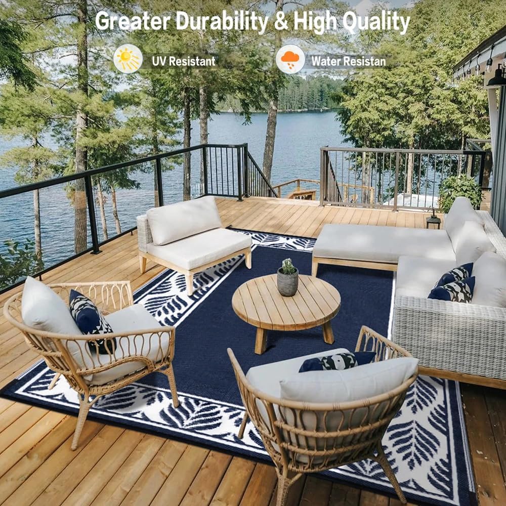 Outdoor Plastic Straw Rug, Waterproof Mat, Washable Large Floor Mat and Rug for Outdoors, RV, Beach, Patio, Camping, Backyard, Deck, Picnic, Outside (Olive-Leaf/Dark Blue&White,9x12ft)