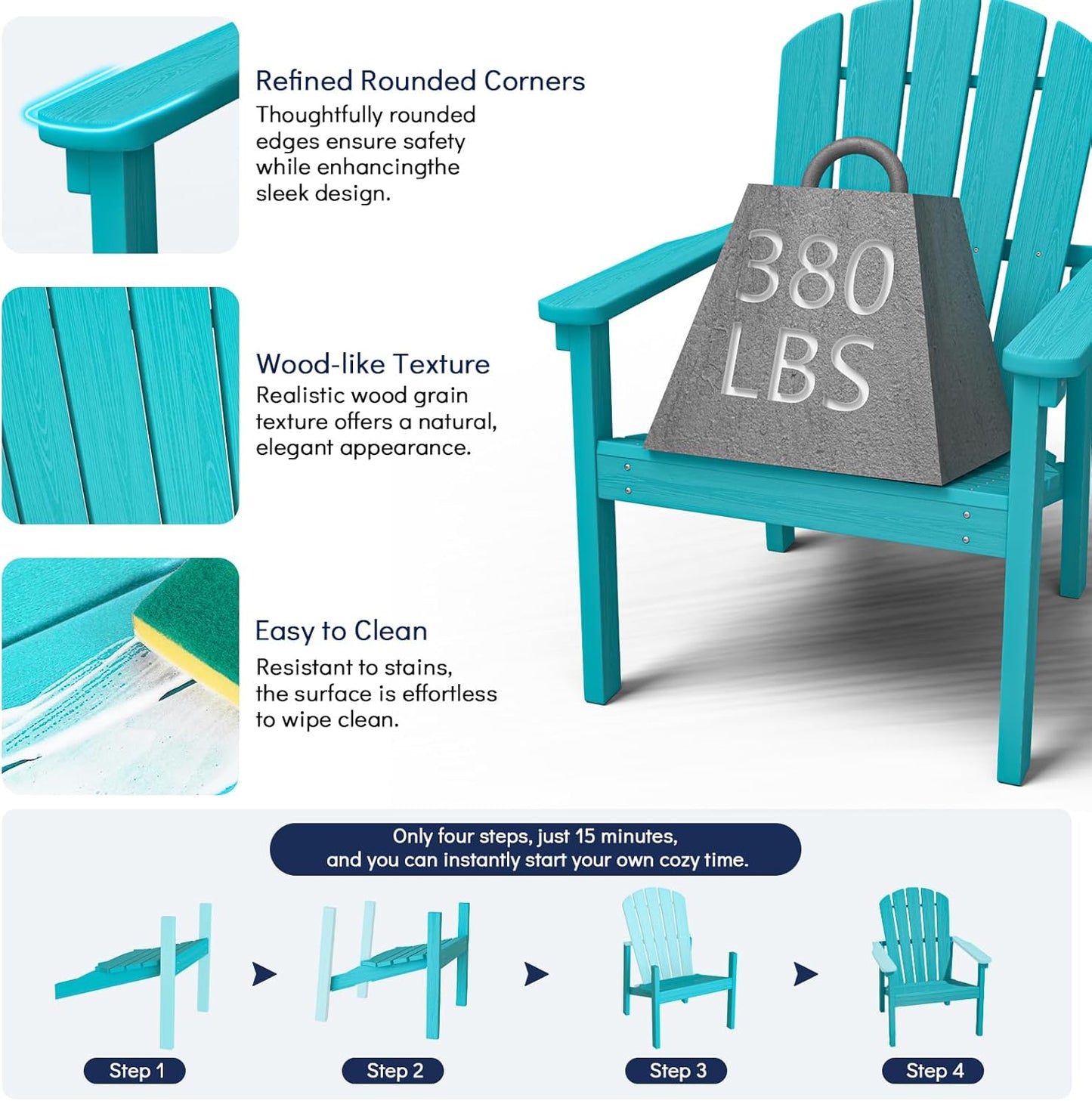 Stackable Adirondack Chair Set of 4, HDPE Outdoor Patio Chair - Durable and Space Saving, Suitable for Porches, Lawns or Garden, Aruba
