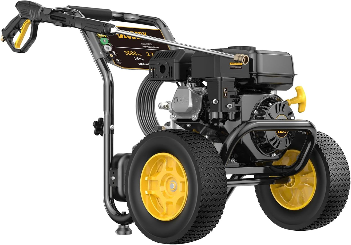 BLUBERY 3600 PSI Gas Pressure Washer, 2.7 GPM Heavy Duty High Power Washer, 30Ft Pressure Hose&Soap Tank,5 Pressure Nozzles,Black