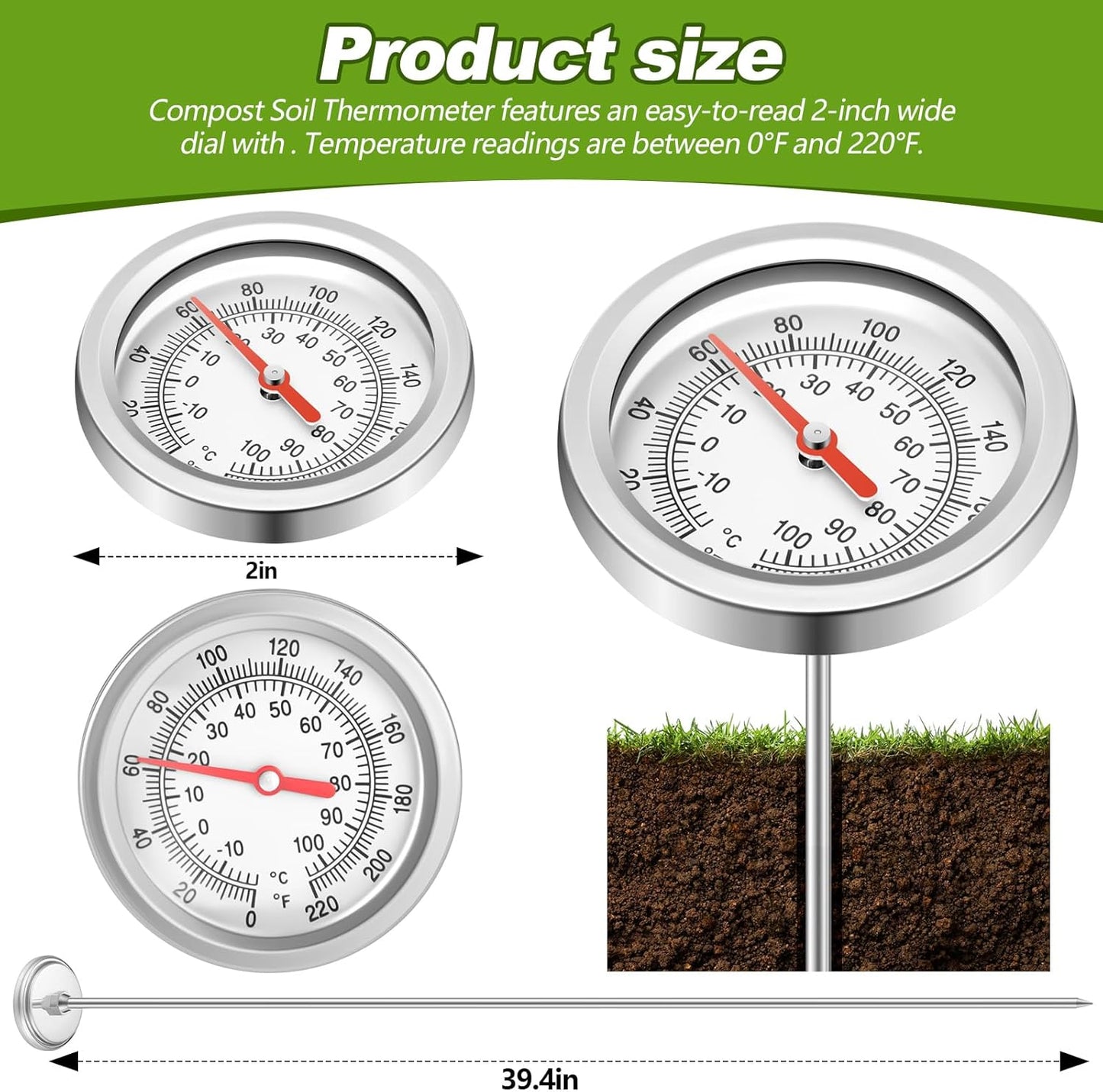 Compost Thermometer 39.4 Inch Stem Composting Soil Thermometer Waterproof Soil Temperature Thermometer, Fahrenheit and Celsius, Stainless Steel, with Composting Temperature Guide