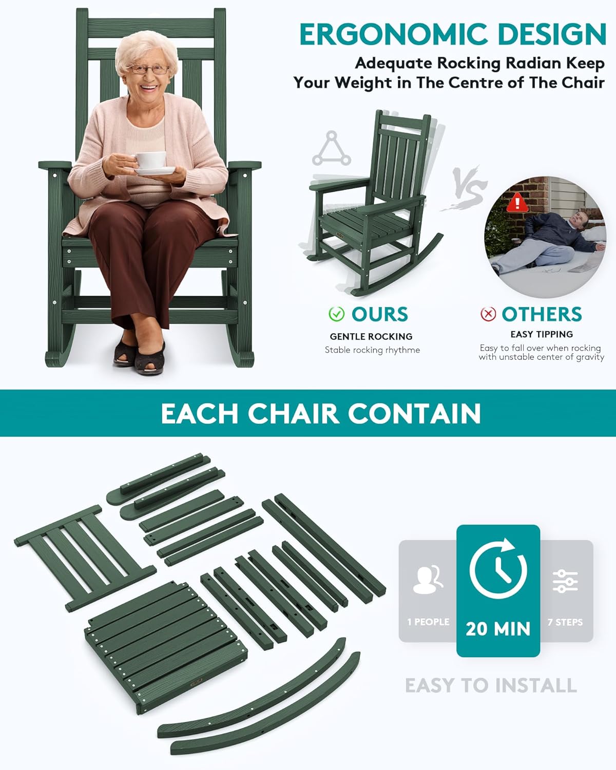 SERWALL HDPE Rocking Chair, Outdoor Rocking Chair for Adults, All Weather Porch Rocker for Lawn Garden, Green