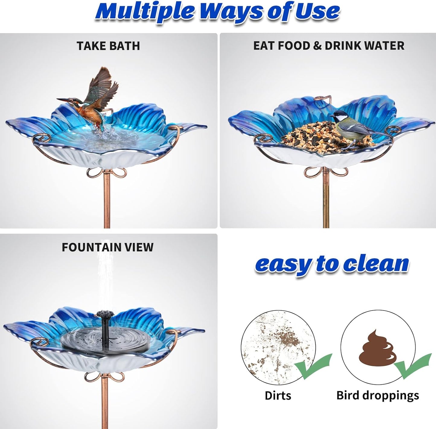 MUMTOP Bird Baths for Outdoors Glass Bird Bath Bowl Outdoor Bird Feeder Flower Pattern with Metal Stake for Garden, Yard and Lawn Decor(Blue)