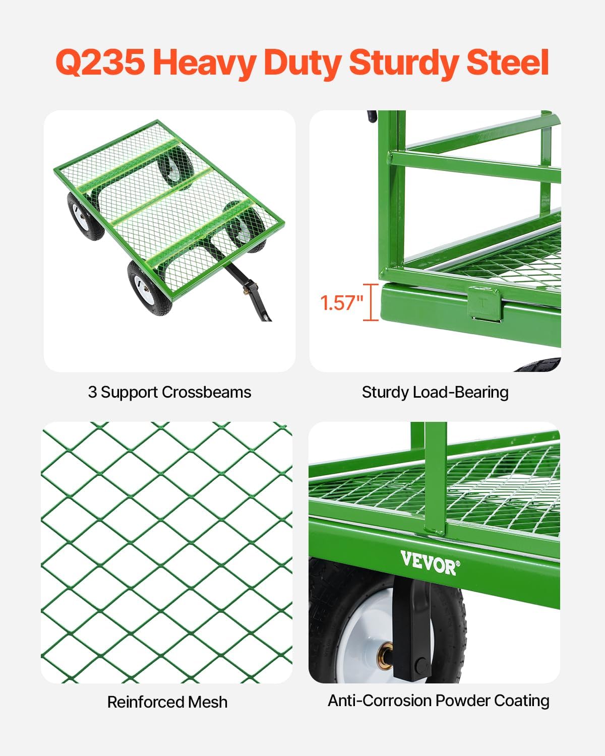 VEVOR 1200 Lbs Steel Garden Cart, Heavy Duty Pullable Garden Wagon Yard Cart, 2 in 1 Outdoor Metal Utility Wagon Yard Trailer with 13" All Terrain Tires, Mesh Removable Sides and 180°Rotating Handle
