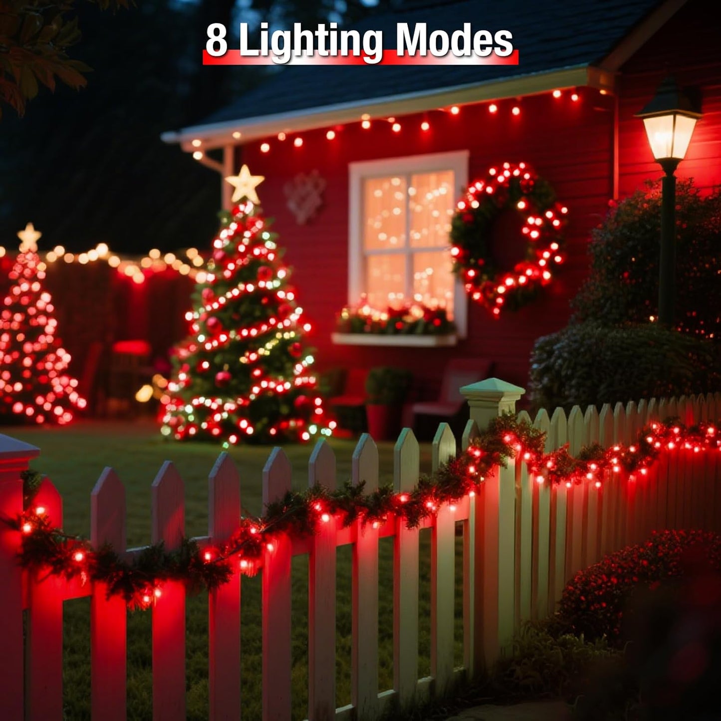 4 Pack Solar String Lights Outdoor - 320LED 132FT Solar Fairy Lights Waterproof 8 Modes, Copper Wire Solar Powered Twinkle Lights for Outside Tree Garden Christmas Wedding Party Decor, Red