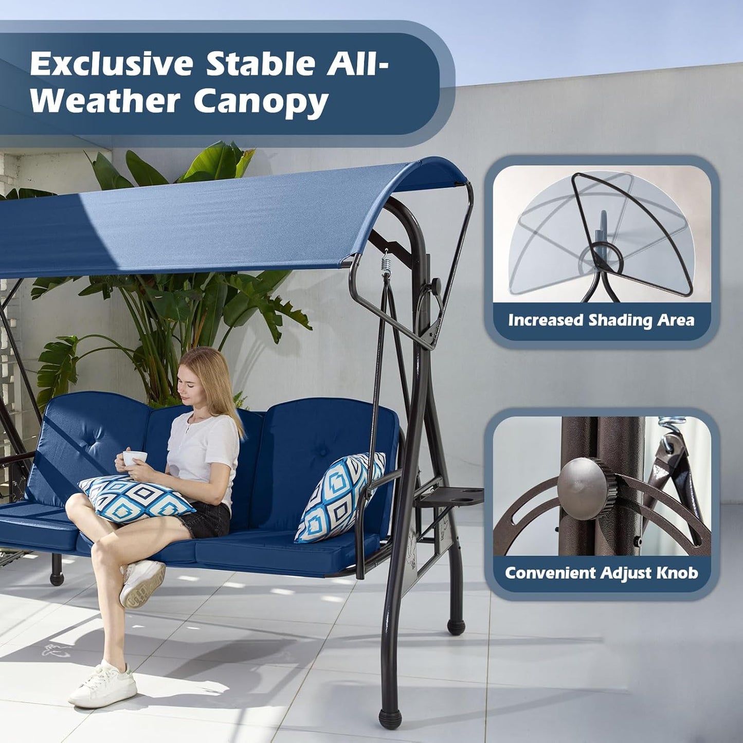 800LBS Patio Swing with Canopy 3 Seat Outdoor Porch Swing with Stand w/Cup Holder & Pillow Glider Chair Swing Bed for Patio Backyard Poolside (Blue)