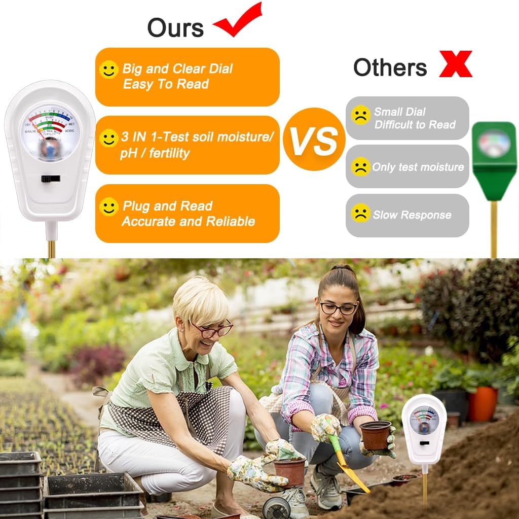 Soil Test Kit 3-in-1, Soil Moisture Meter, Soil PH Meter, Fertility Soil Tester, Soil Tester for Garden, Lawn, Farm, Outdoor & Indoor Use (Snow White)