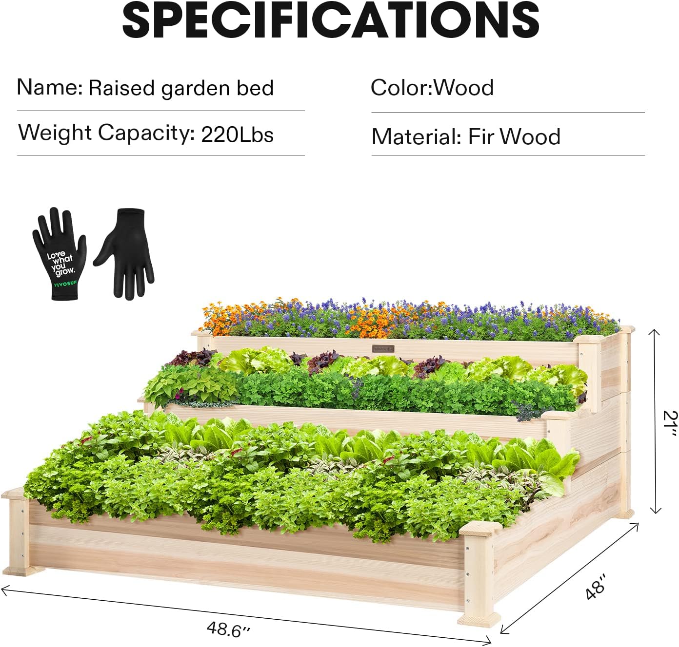 VIVOSUN 3-Tier Wooden Raised Garden Bed, 48 x 48 x 21 Inches, Outdoor Wood Planter Kit for Plants, Herbs, and Vegetables for Garden, Patio, Balcony, Backyard and Outdoors