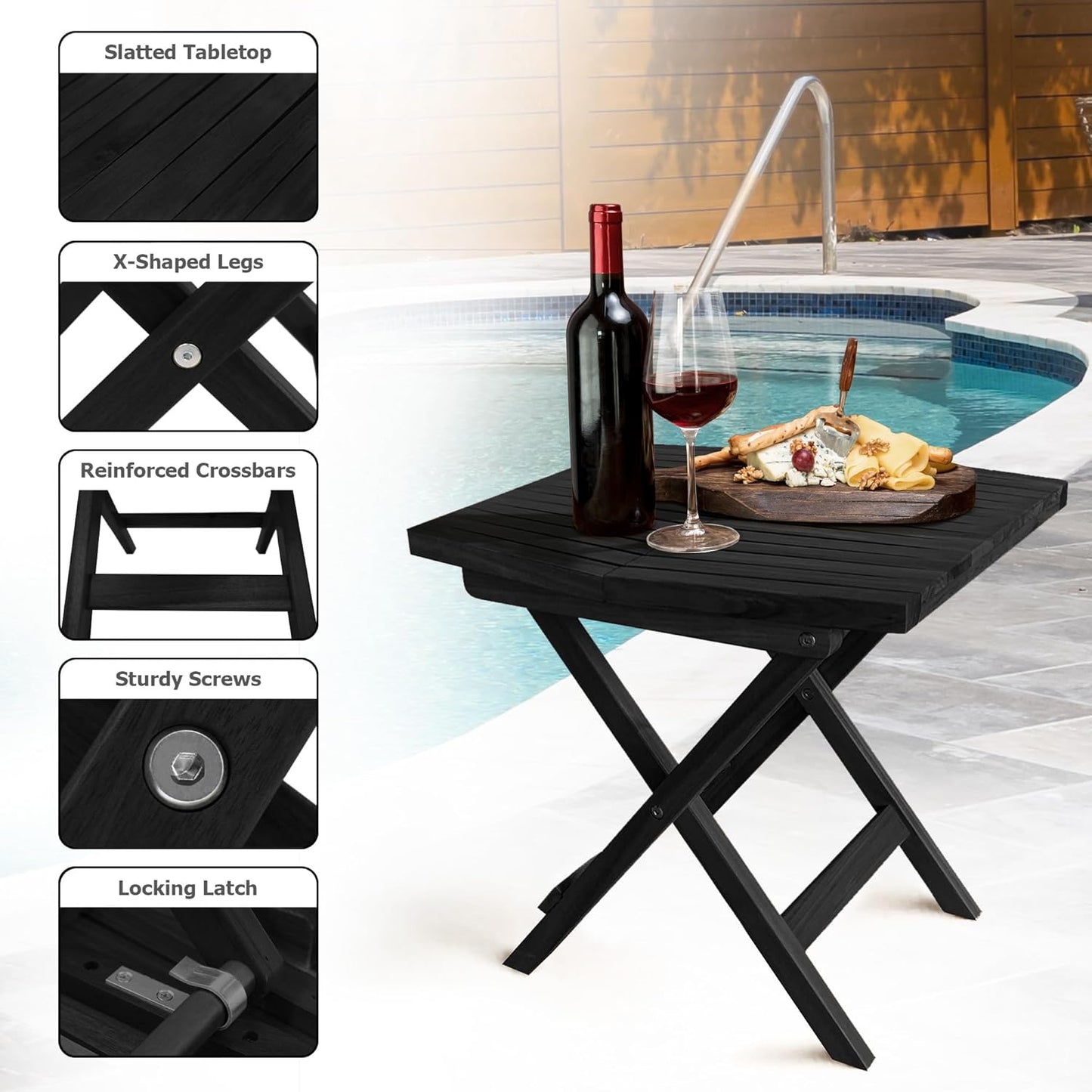 Melino Wooden Folding Outdoor Side Table, FSC Certified Acacia Weatherproof Side Tables, Wood Folding Small Table for Outdoor, Patio, Porch, Pool, Backyard, Garden, Balcony and Deck - Black