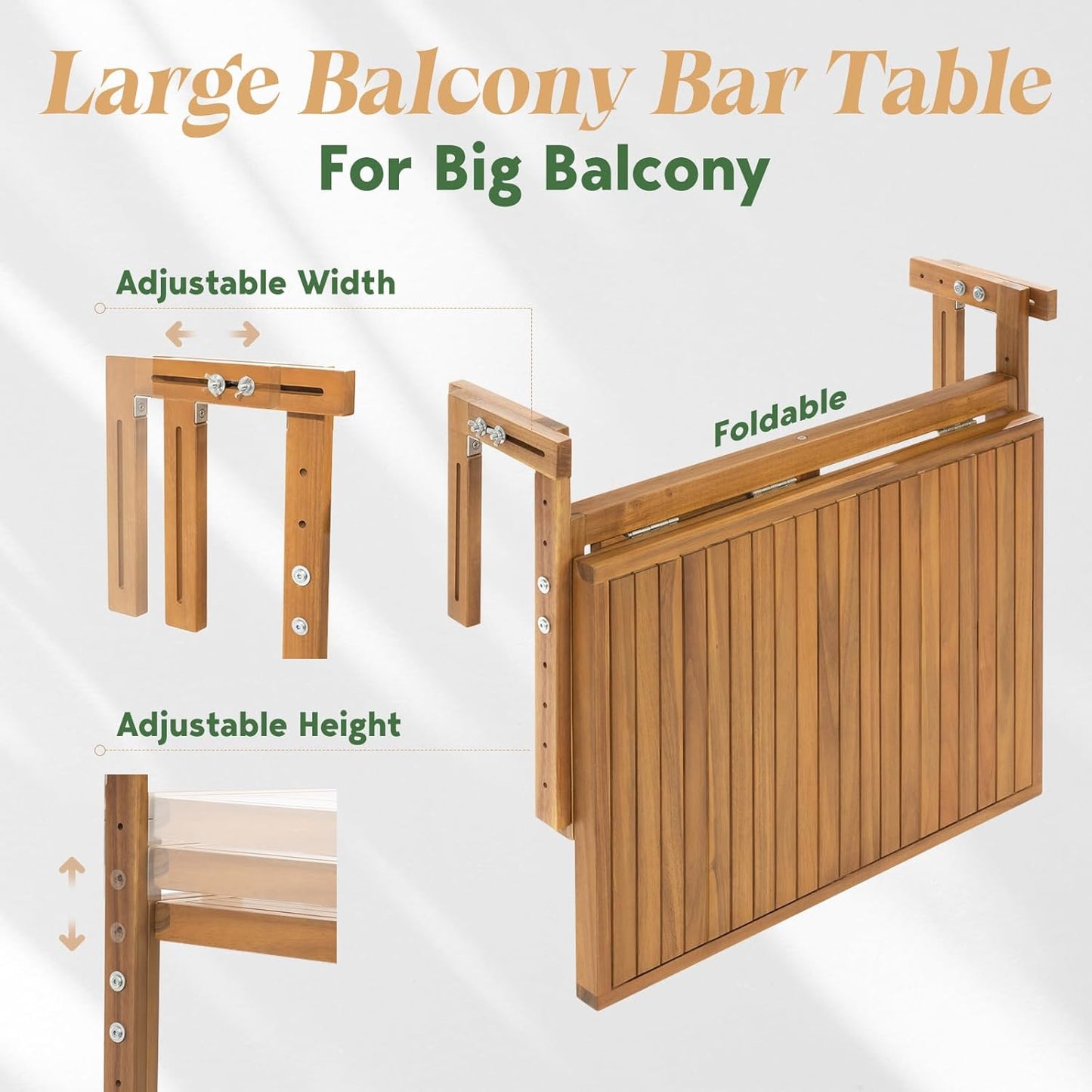 Idzo FSC Acacia Wood Folding Balcony Bar Table for Railings, Adjustable Height & Width, Teak Brush Finish Durable Against Weather, Ideal Spacious Dimension of 27 9/16 x 21 5/8 Inch, Rectangular Design