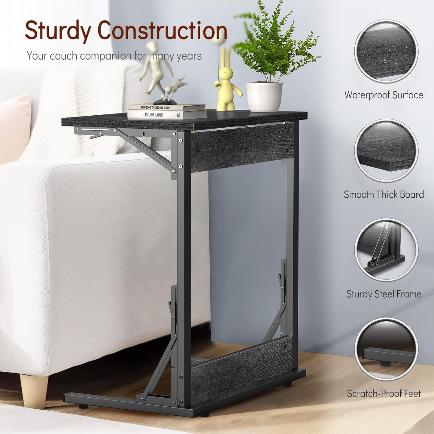 Tatub 24" Folding C Shaped End Table, Small Sofa Side Laptop Desk, Couch TV Tray Table for Living Room, Bedroom, Gray