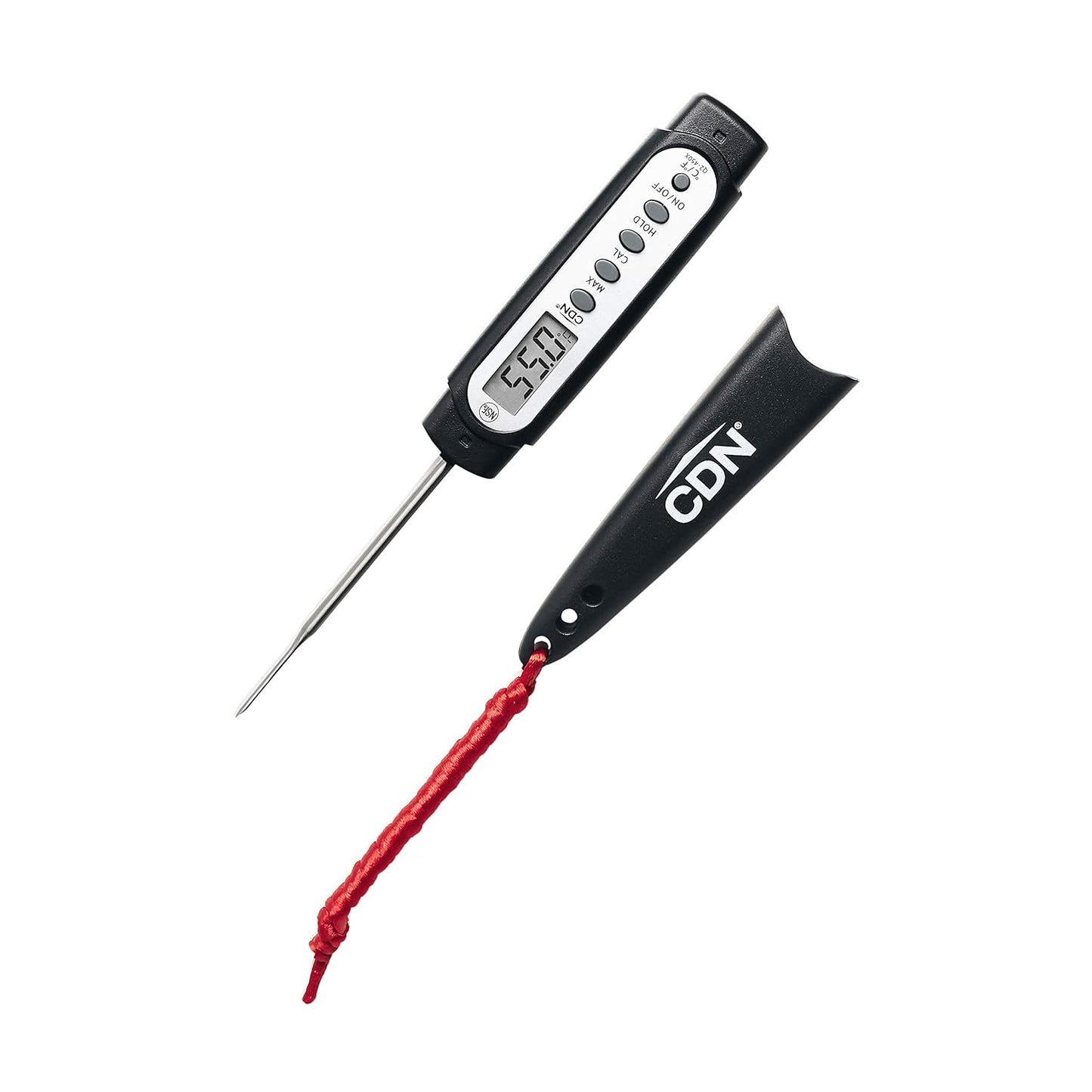 CDN ProAccurate® Waterproof Digital Thermometer with Protective Sheath, Easy to Read Display, 2.75" Stem with Thin Tip, Black/White (Q2-450X)