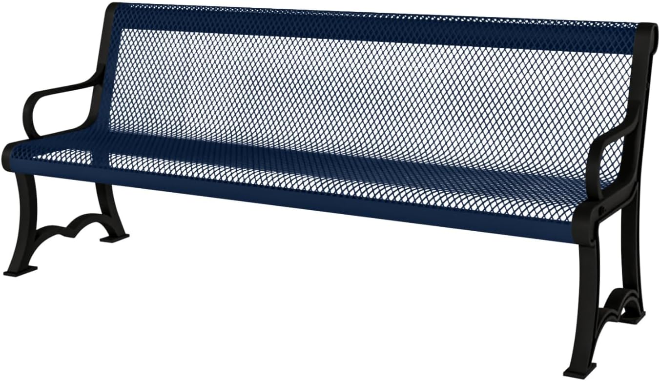 Heavy-Duty Outdoor Bench Thermoplastic Coated, Expanded Metal, Commercial-Grade Garden Bench, Made in America (Portable with Back, 4 Ft, Textured Dark Blue)