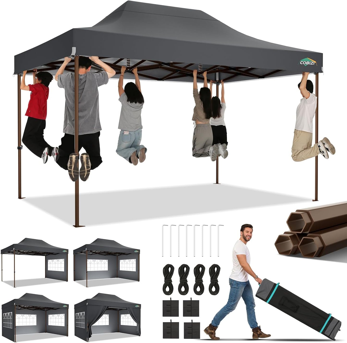 COBIZI 10x15 Pop Up Canopy Tent Heavy Duty with Sidewall, Commercial Outdoor Easy Pop Up Gazebo for Party Wedding All Weather Waterproof UV 50+ with Roller Bag(Leg Upgraded),Gray