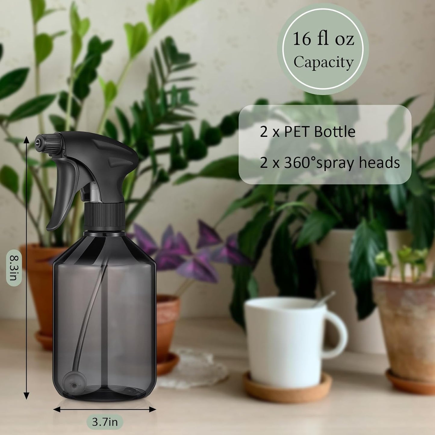 Baderke 2 PCS 360° Spray Bottle, 16 oz Upside Down Spray Bottles, Plastic Spray Bottles is Nice for Plants, Cleaning Solutions, Durable Nozzle w/Fine Mist and Stream Setting (Gray)