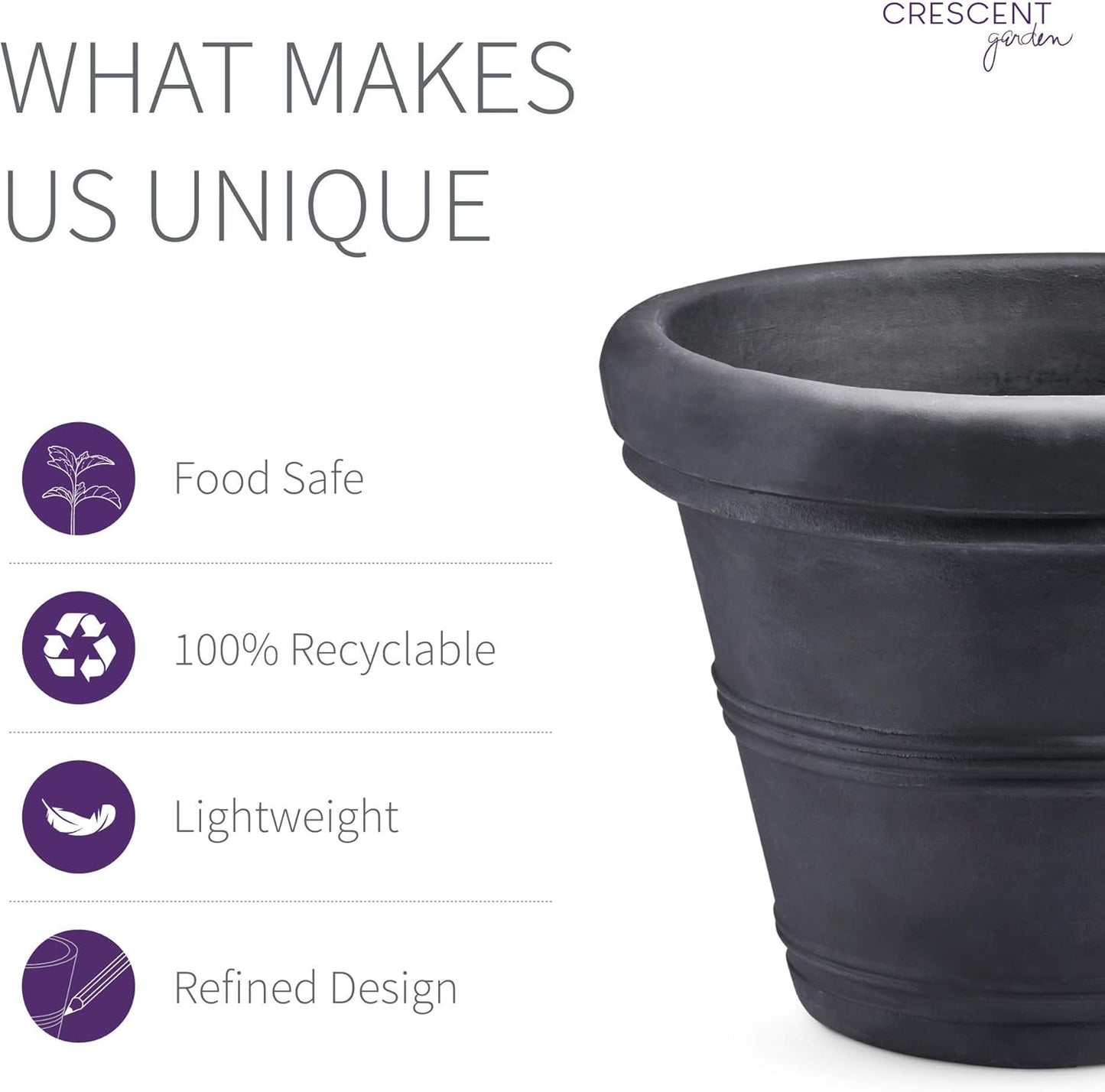 Crescent Garden Brunello Classic Rolled Rim Planter Pot, Indoor/Outdoor Weather-Safe Round Plant Pot, 12'' (Caviar Black)